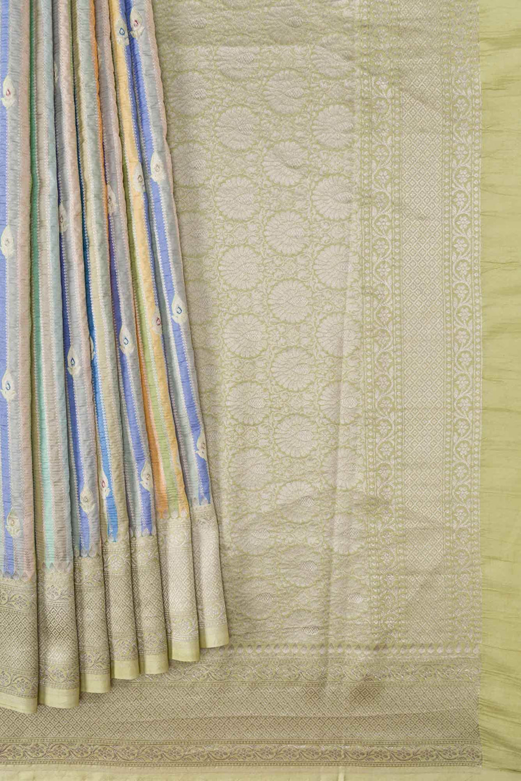 Yellow Royal BlueGrey and Pista Green Dual Tone Banarasi Silk Saree