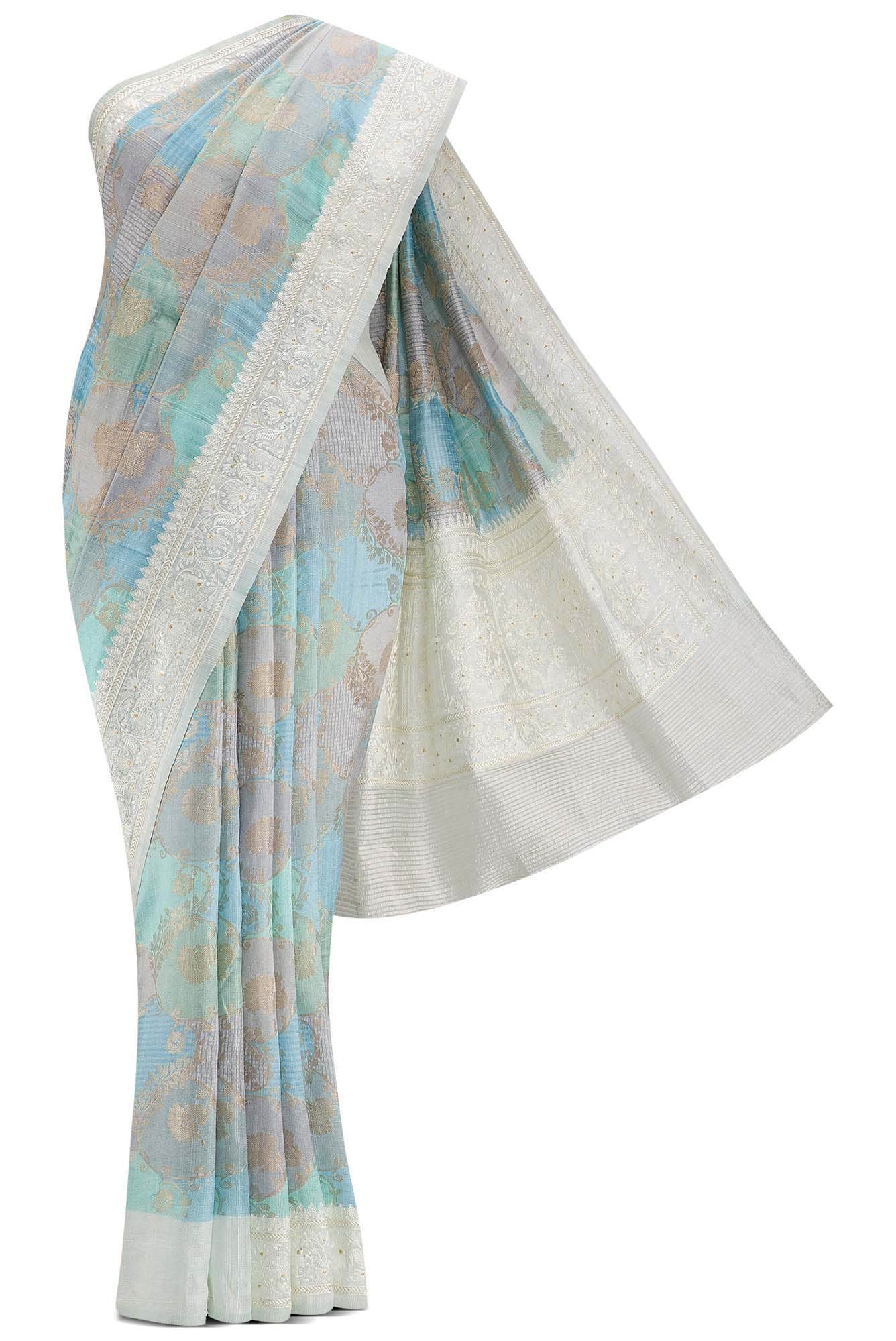 Sky Blue Sea Blue and Brown Dual Tone Banarasi Silk Saree