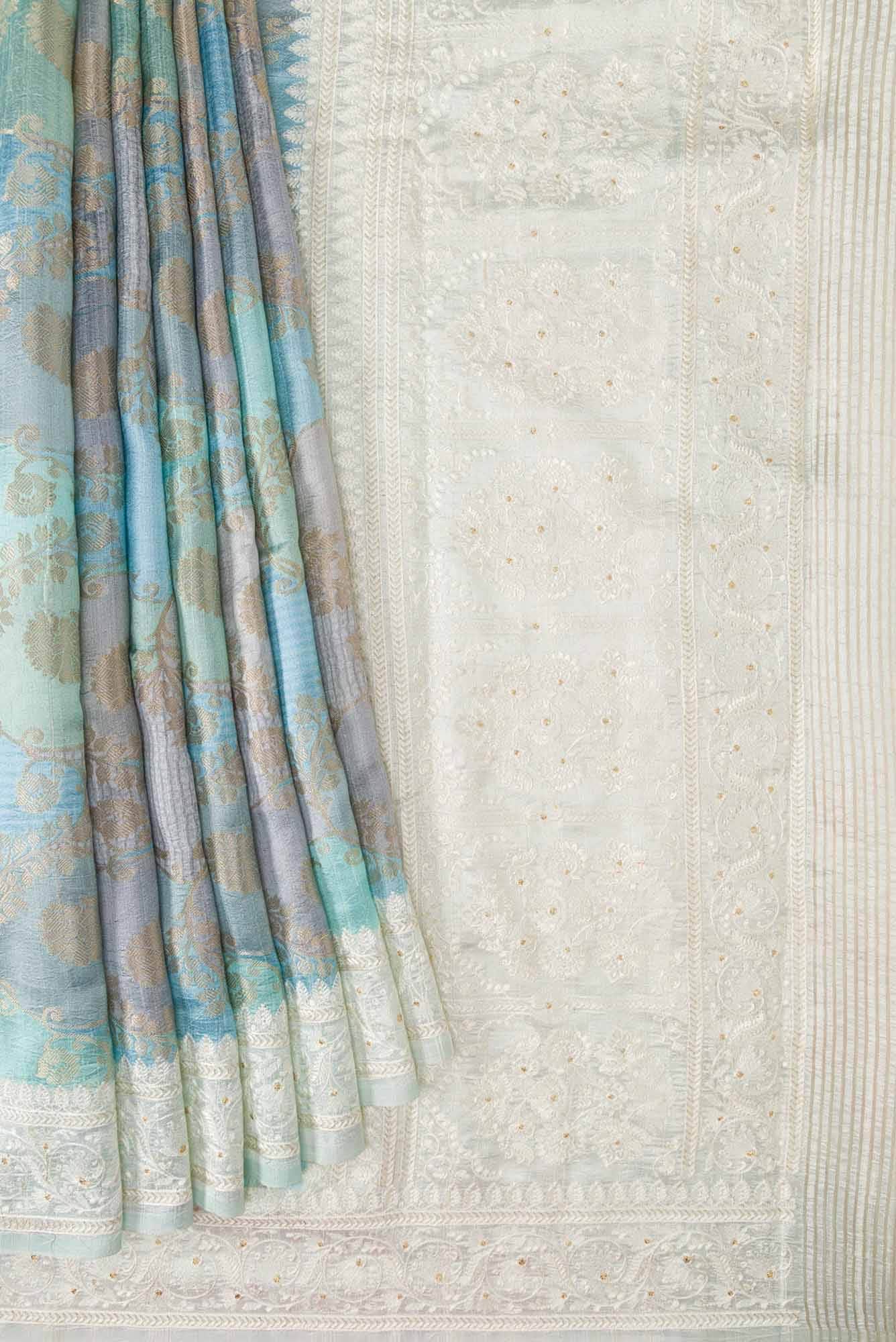Sky Blue Sea Blue and Brown Dual Tone Banarasi Silk Saree