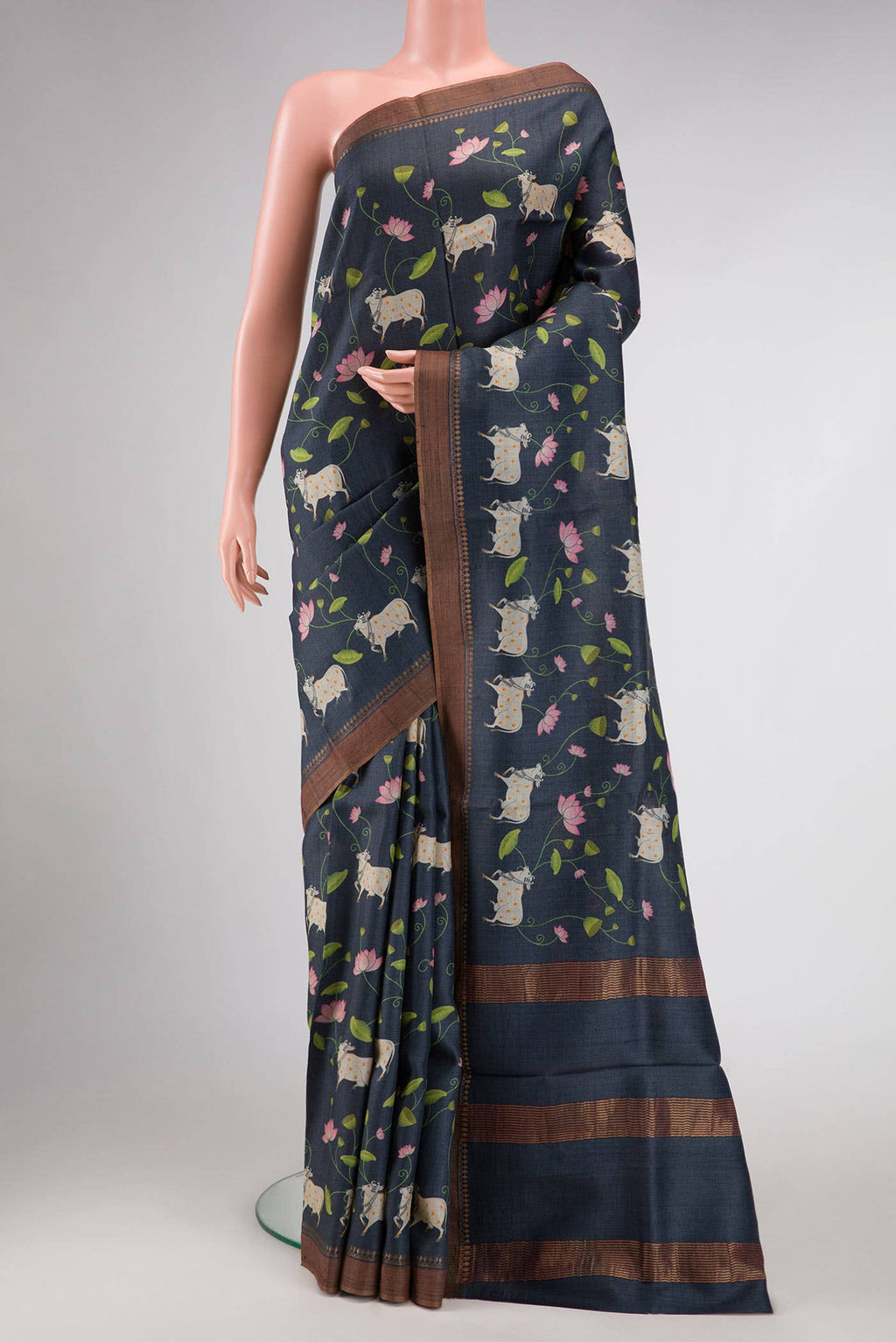 Blue Grey Tussar Silk Saree