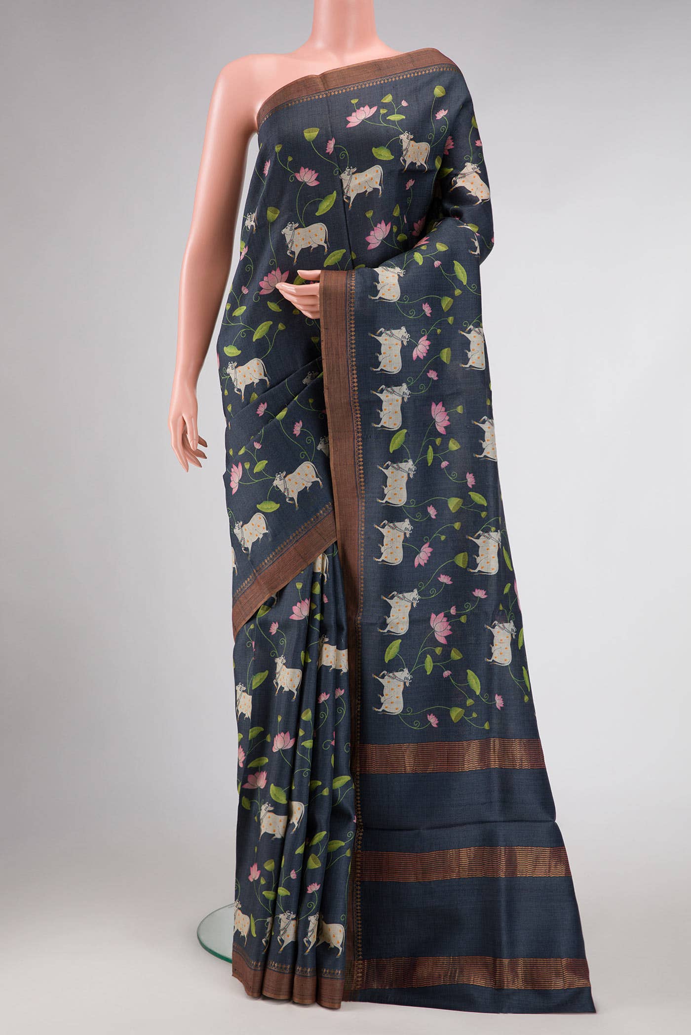 Blue Grey Tussar Silk Saree