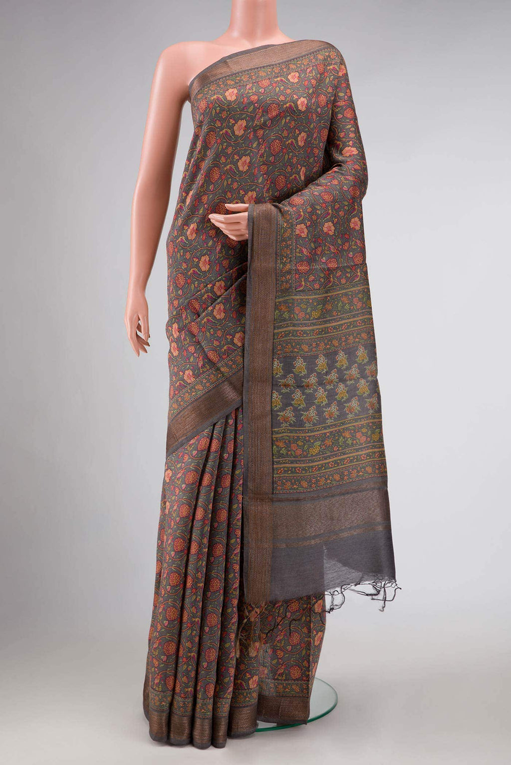 Grey Tussar Silk Saree