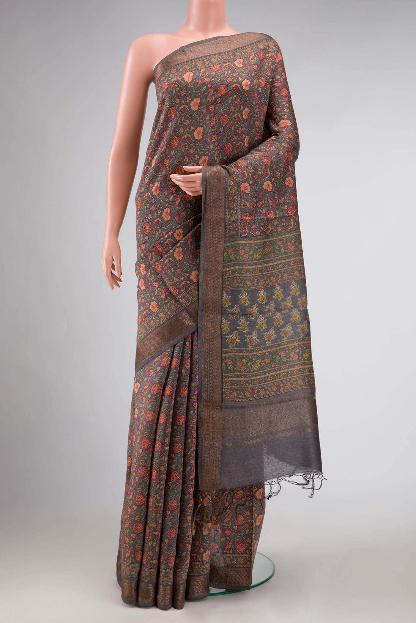 Grey Tussar Silk Saree