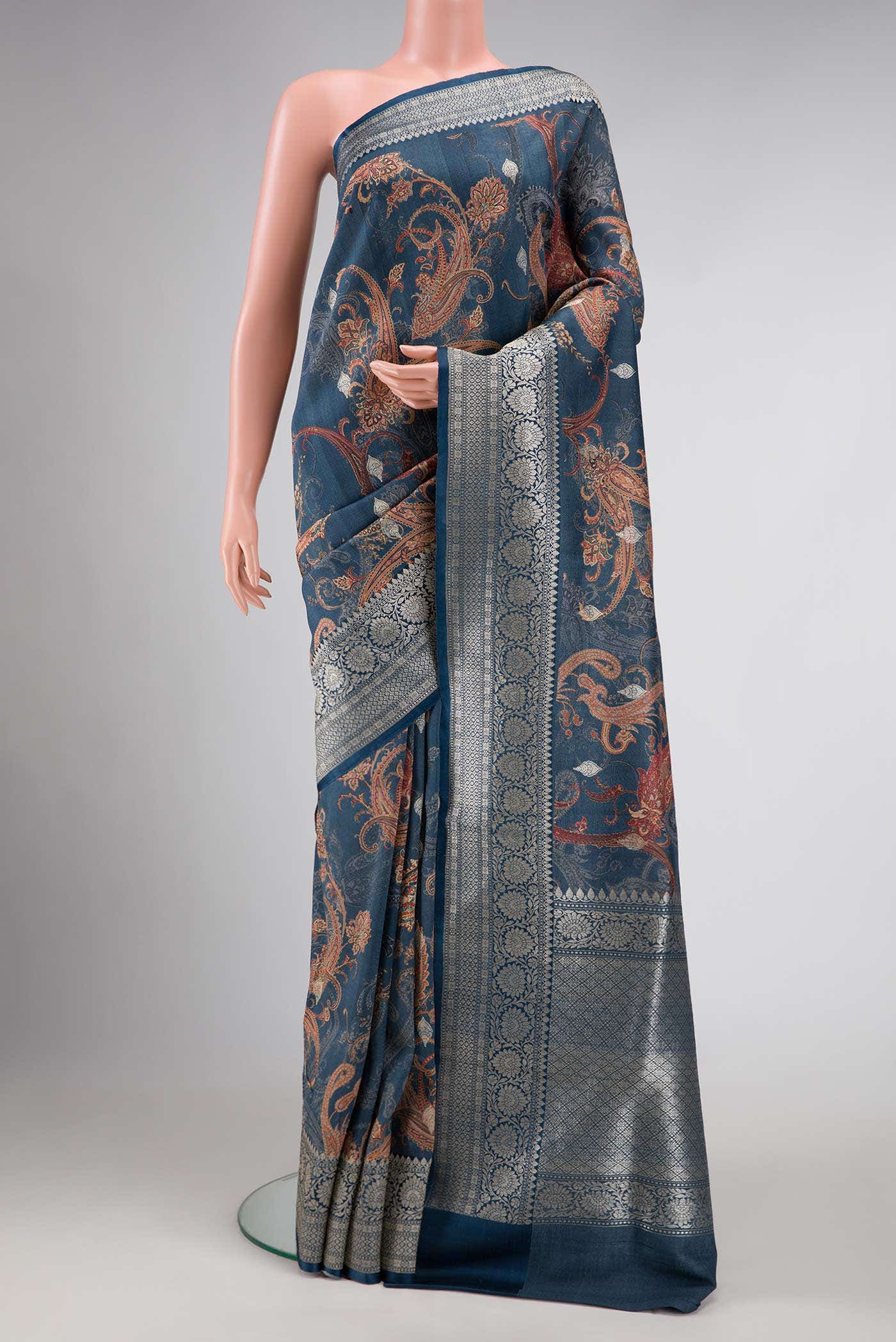 Navy Blue Tussar Silk Saree