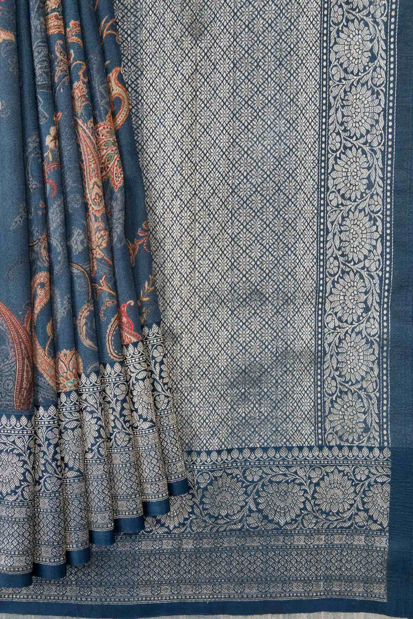 Navy Blue Tussar Silk Saree