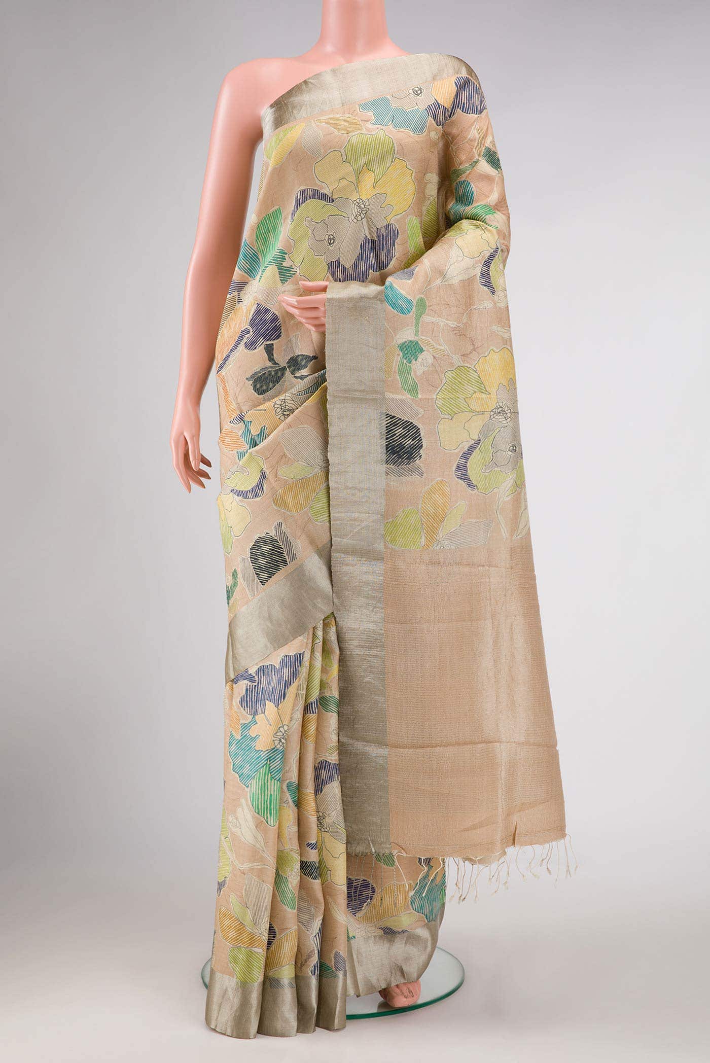 Beige Tussar Silk Saree