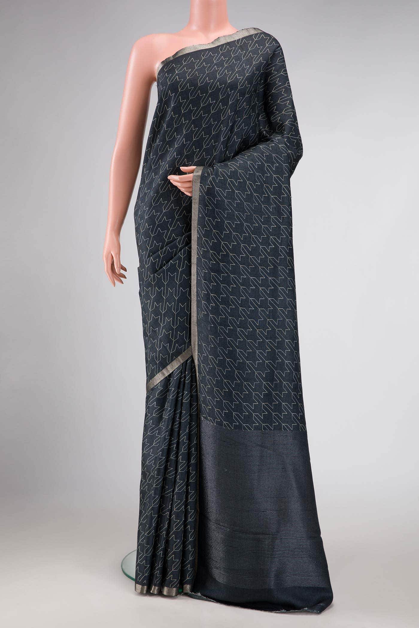 Navy Blue Tussar Silk Saree