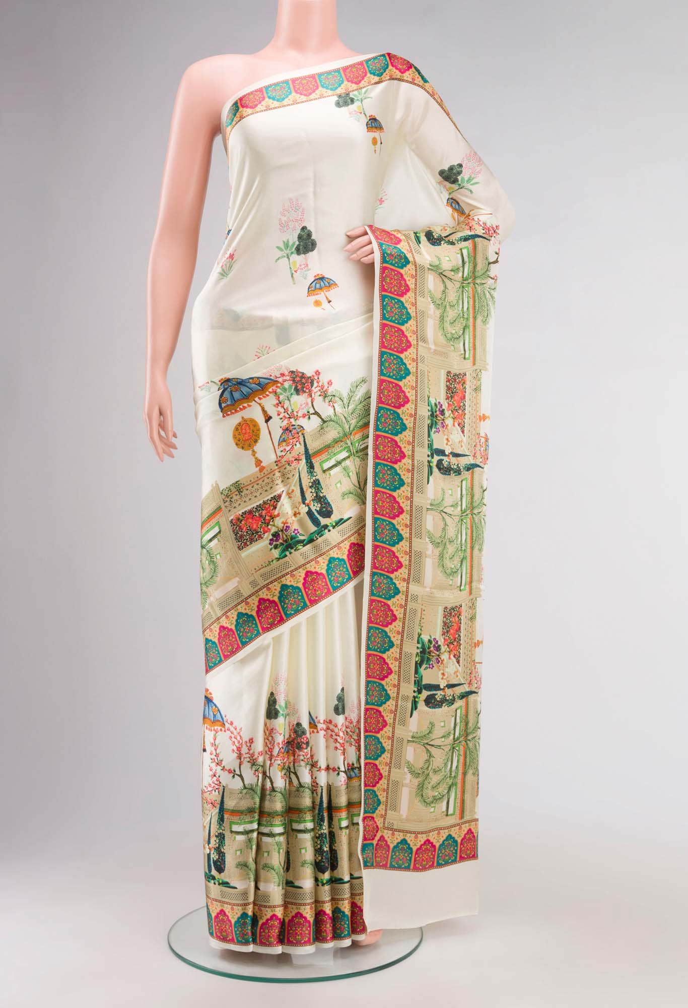 Cream Satin Crepe Saree