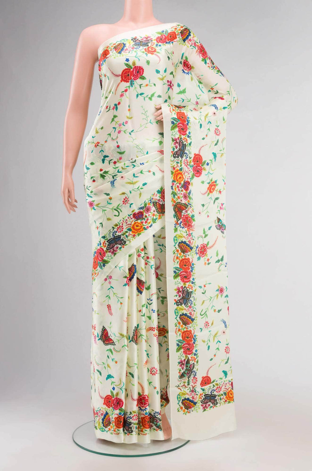 Cream Satin Crepe Saree