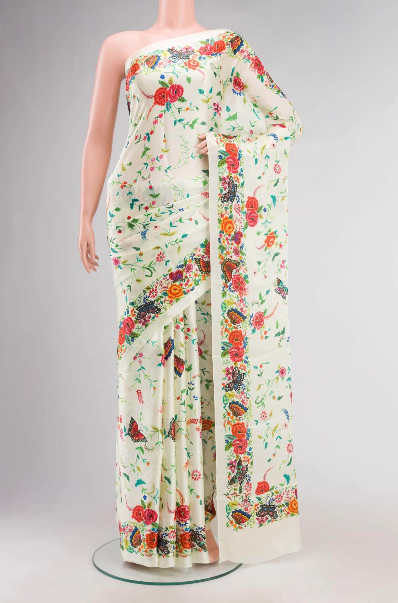 Cream Satin Crepe Saree