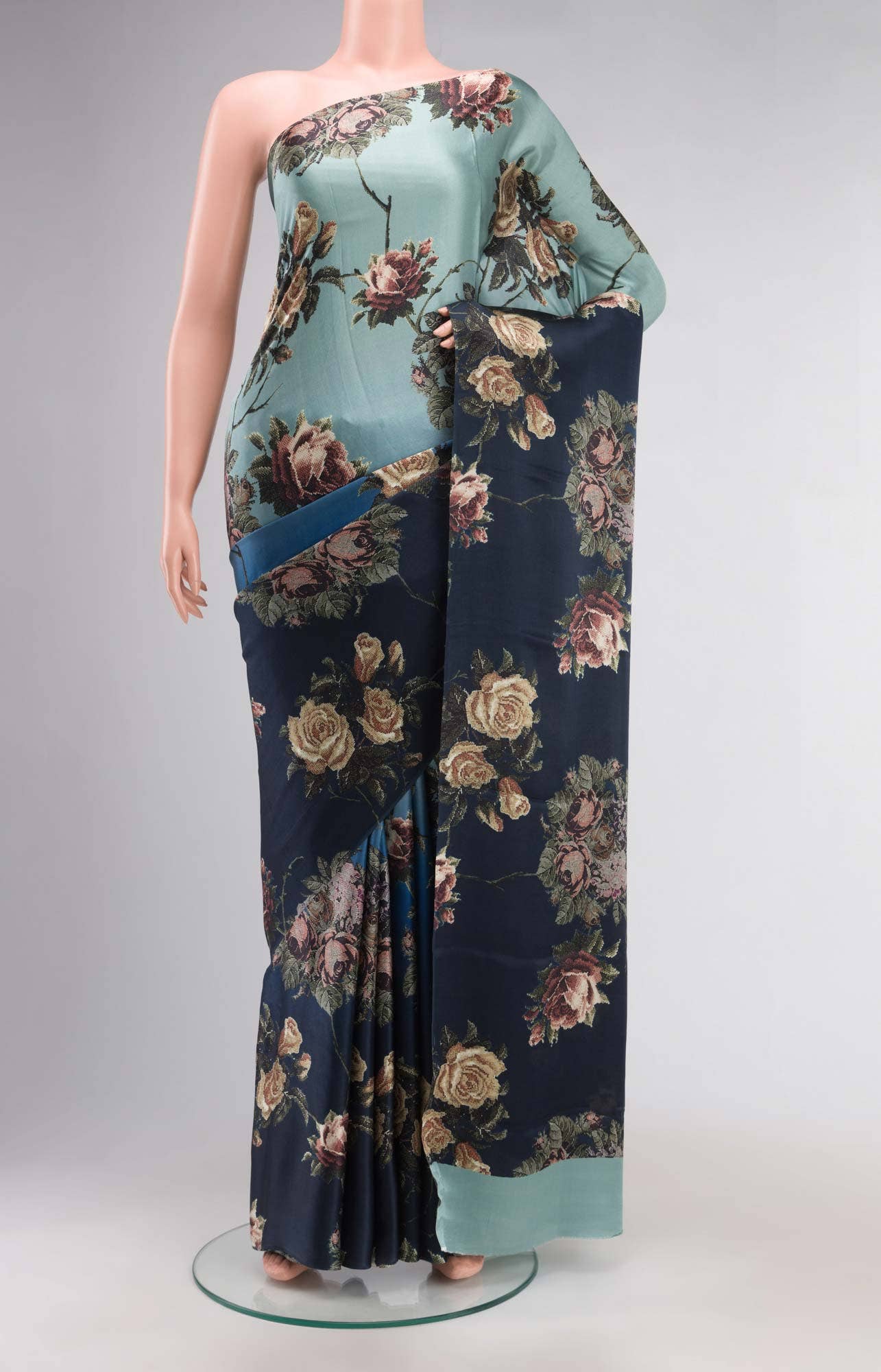 Navy Blue Satin Crepe Saree