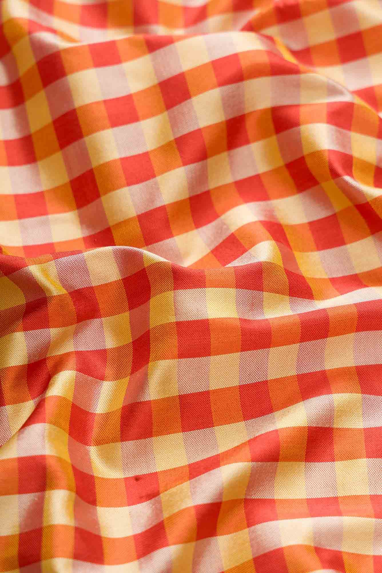 Mustard and Red Dual Tone Double Ikat Saree