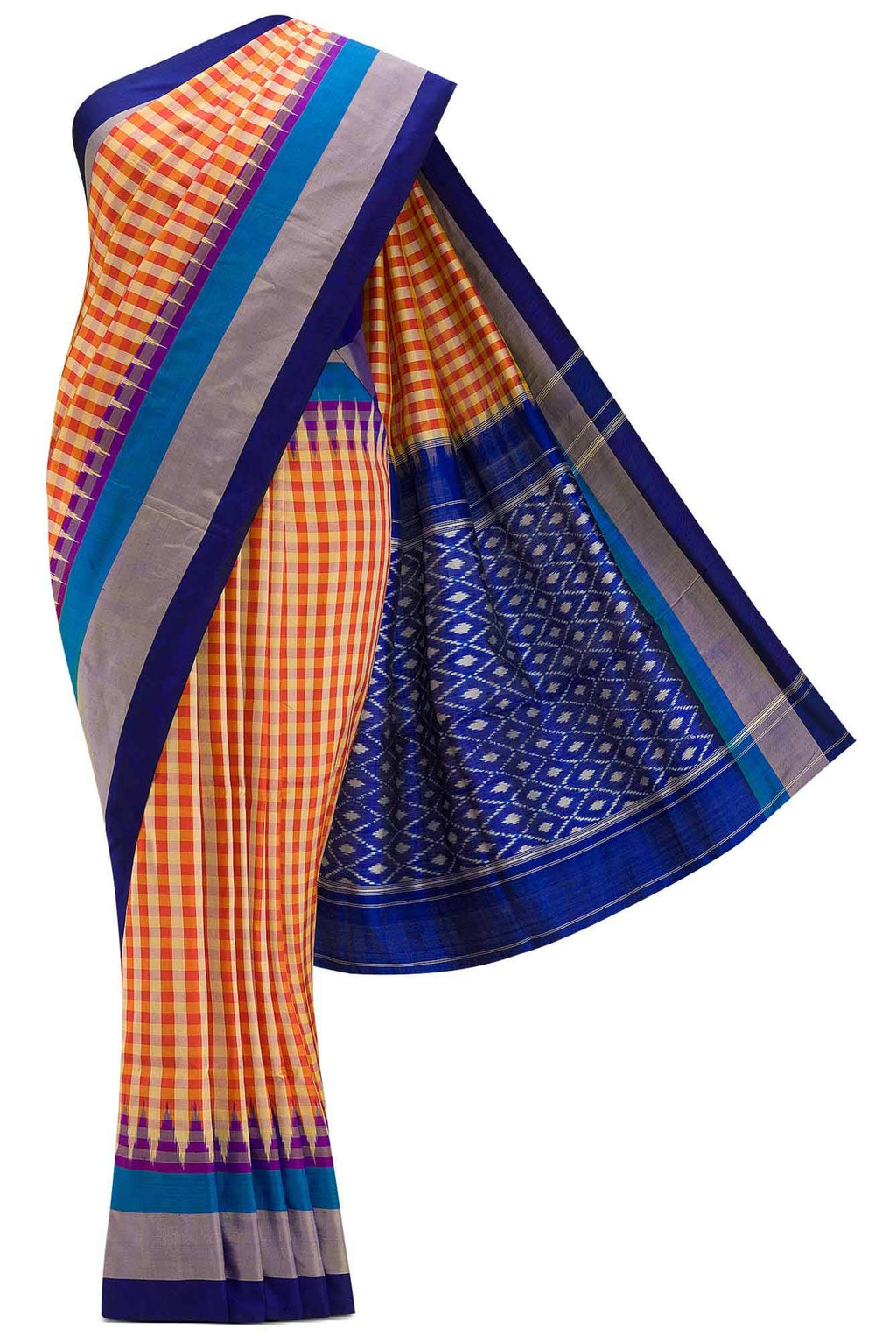 Mustard and Red Dual Tone Double Ikat Saree