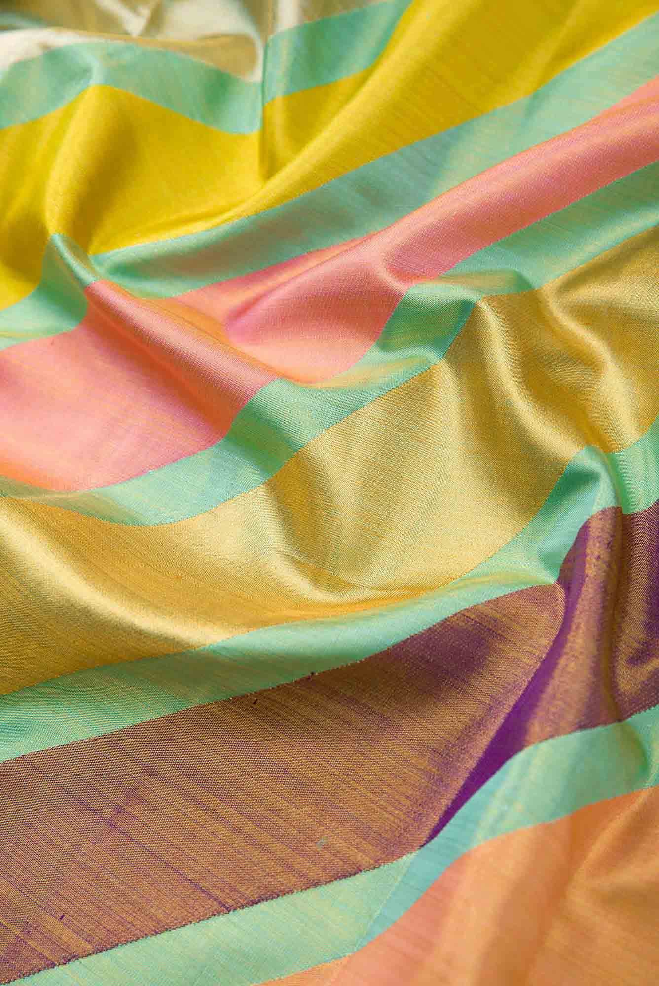 Gold, Peach and Sea Green Dual Tone Kanchipuram Tissue Silk Saree