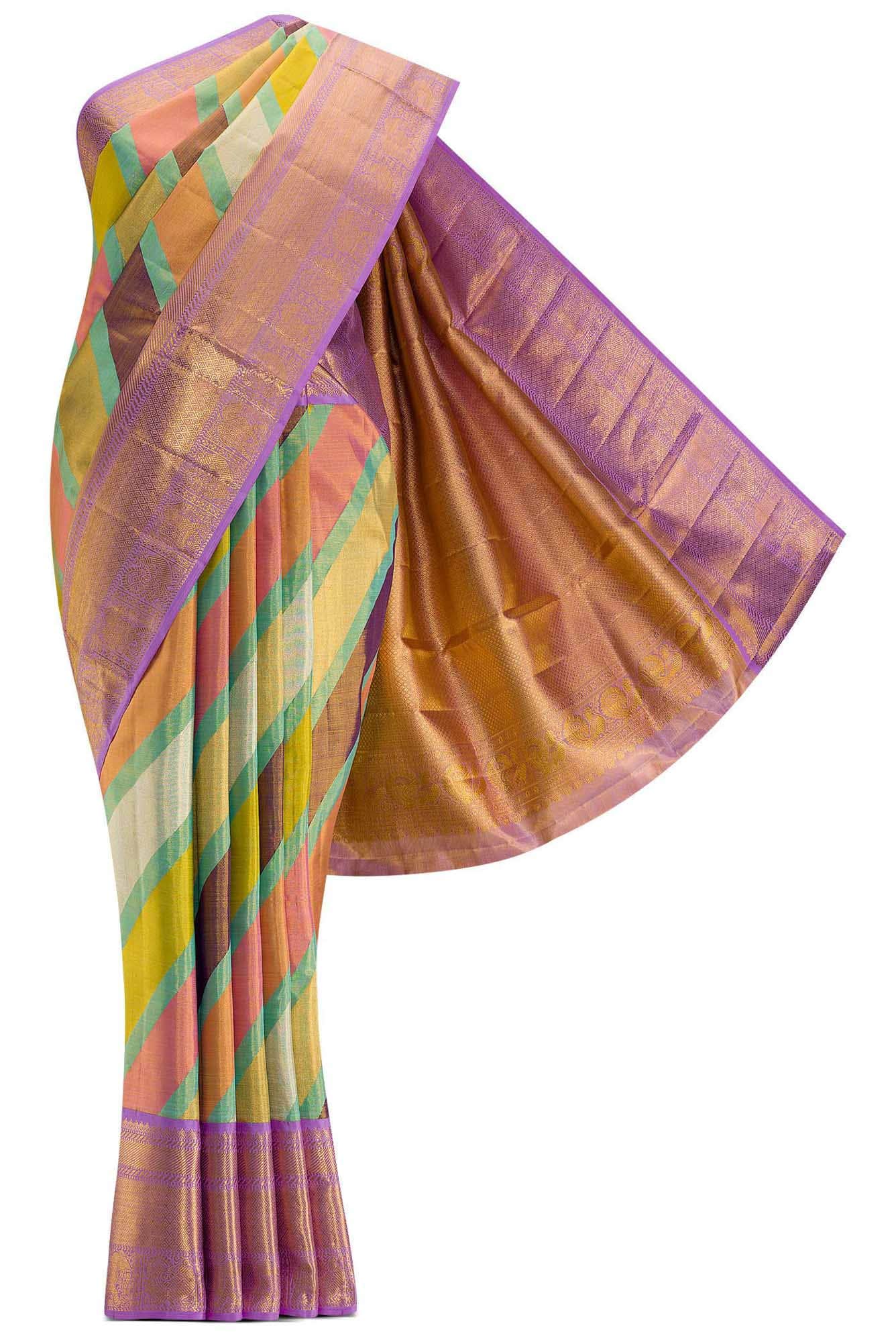Gold, Peach and Sea Green Dual Tone Kanchipuram Tissue Silk Saree