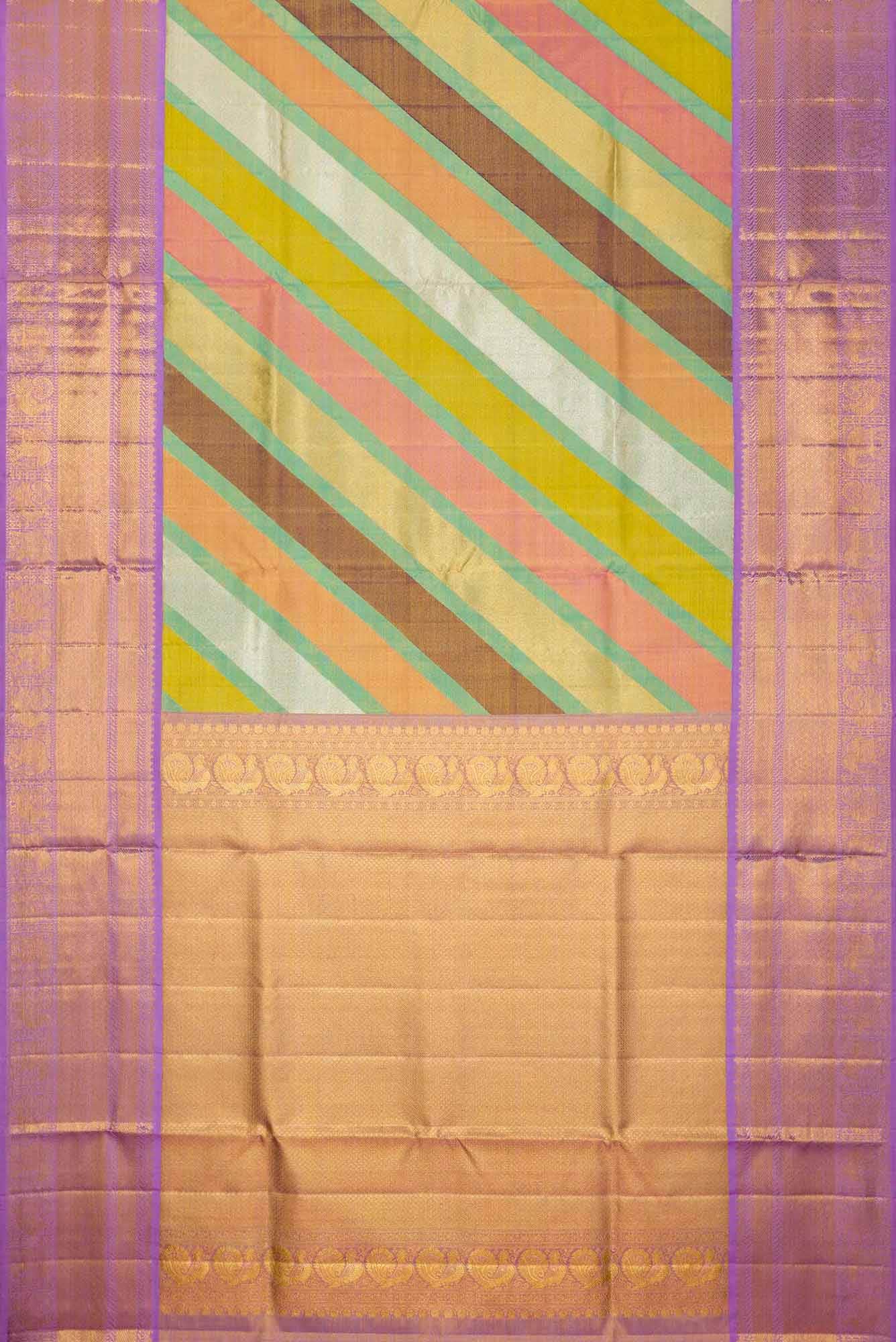 Gold, Peach and Sea Green Dual Tone Kanchipuram Tissue Silk Saree