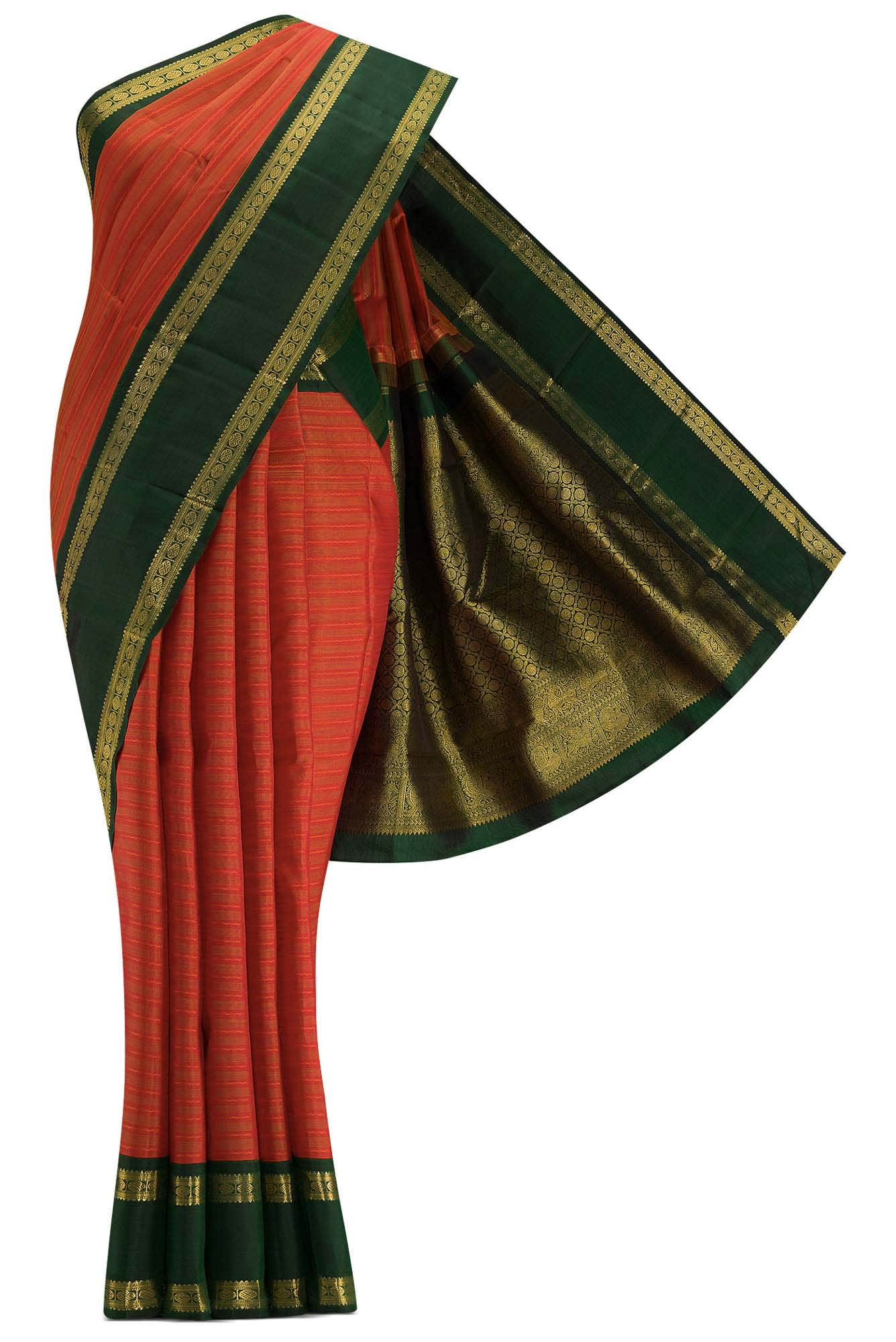 Pure Silk Pure Zari Orange Dual Tone Kanchipuram Saree