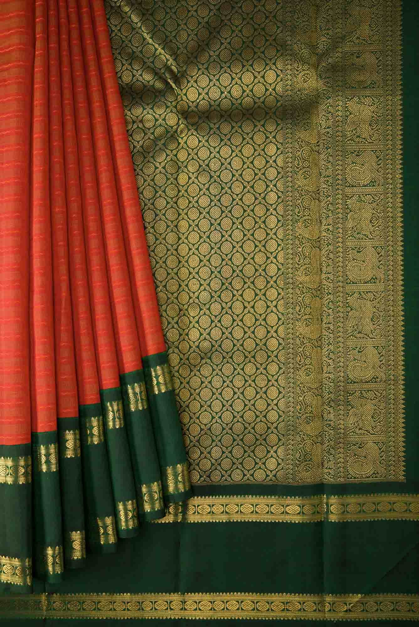 Pure Silk Pure Zari Orange Dual Tone Kanchipuram Saree