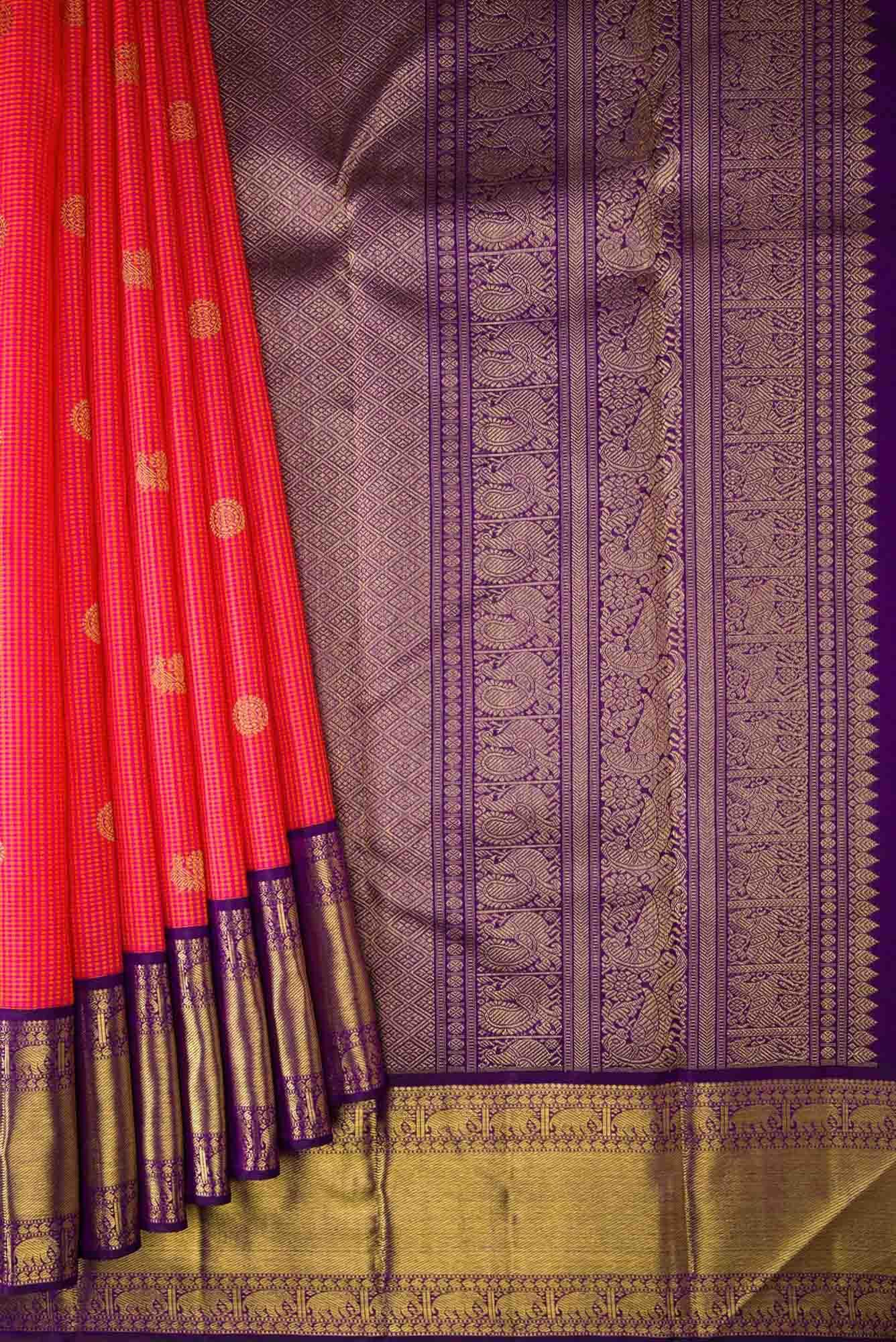 Pure Silk Pure Zari Orange and Pink Dual Tone Kanchipuram Saree