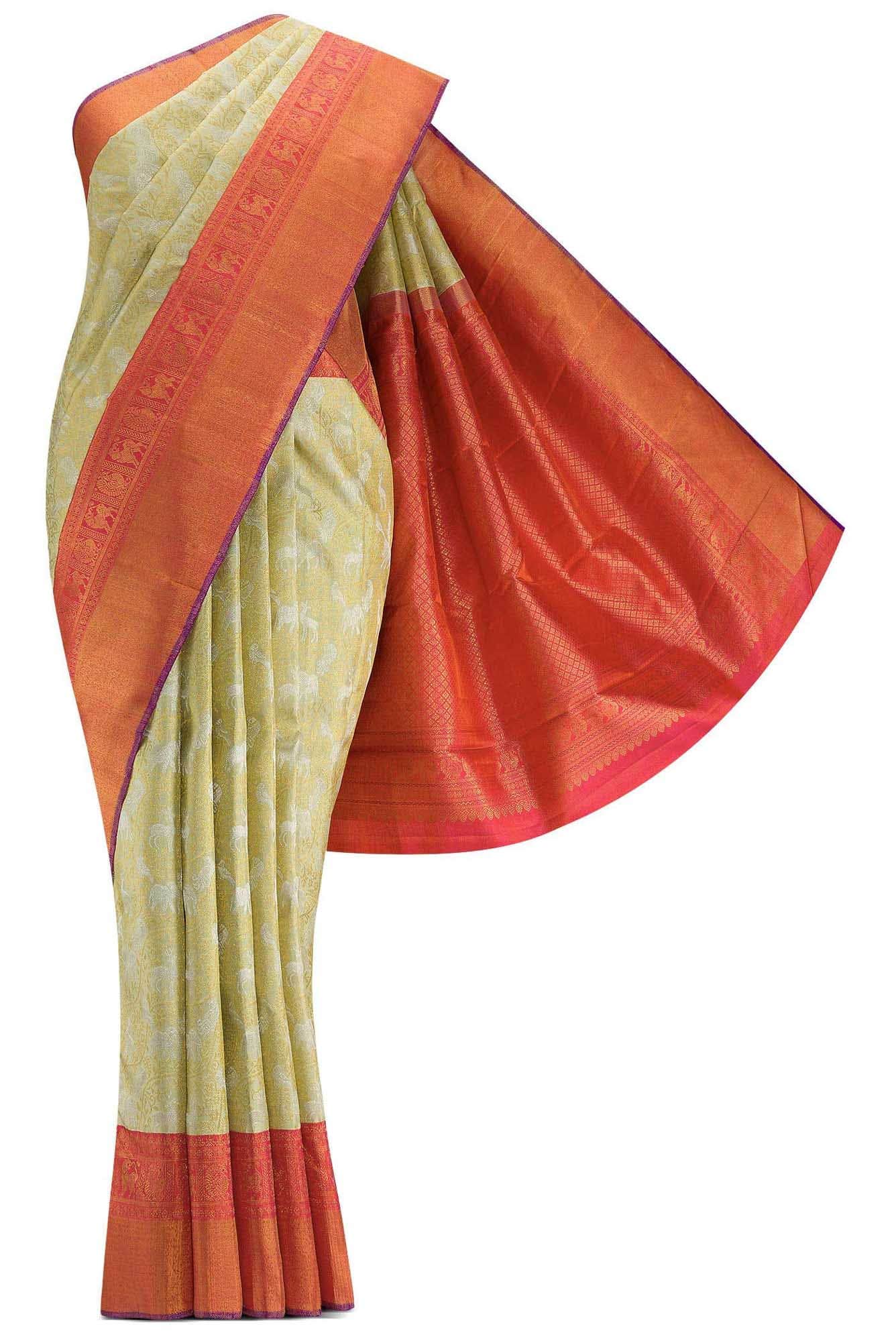 Pure Silk Pure Zari Pista Green Dual Tone Kanchipuram Saree