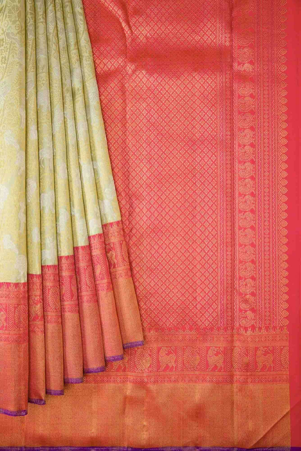 Pure Silk Pure Zari Pista Green Dual Tone Kanchipuram Saree