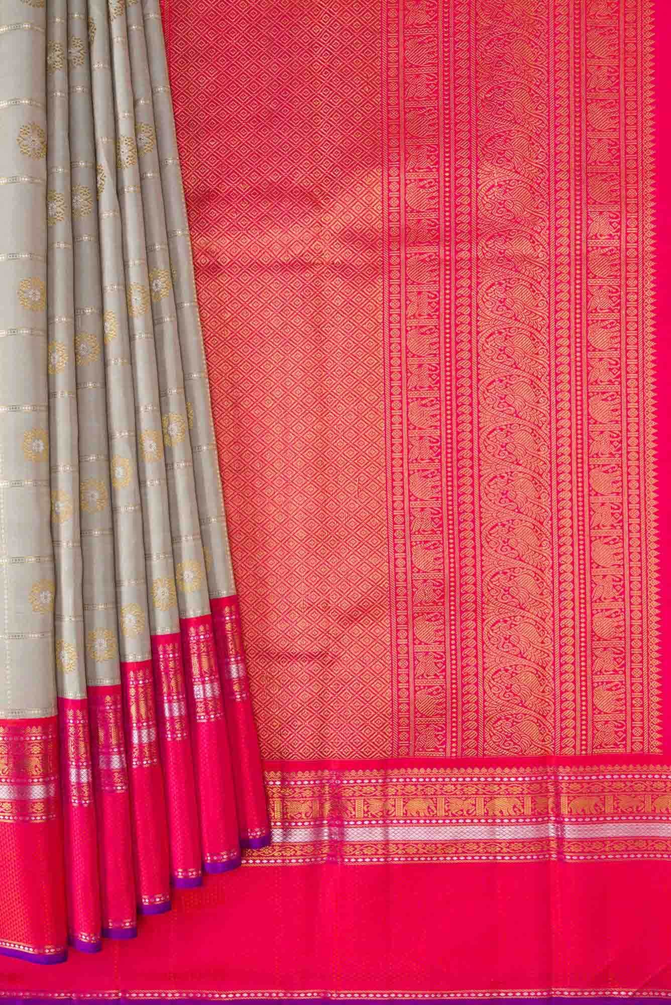 Pure Silk Pure Zari Grey Dual Tone Kanchipuram Saree
