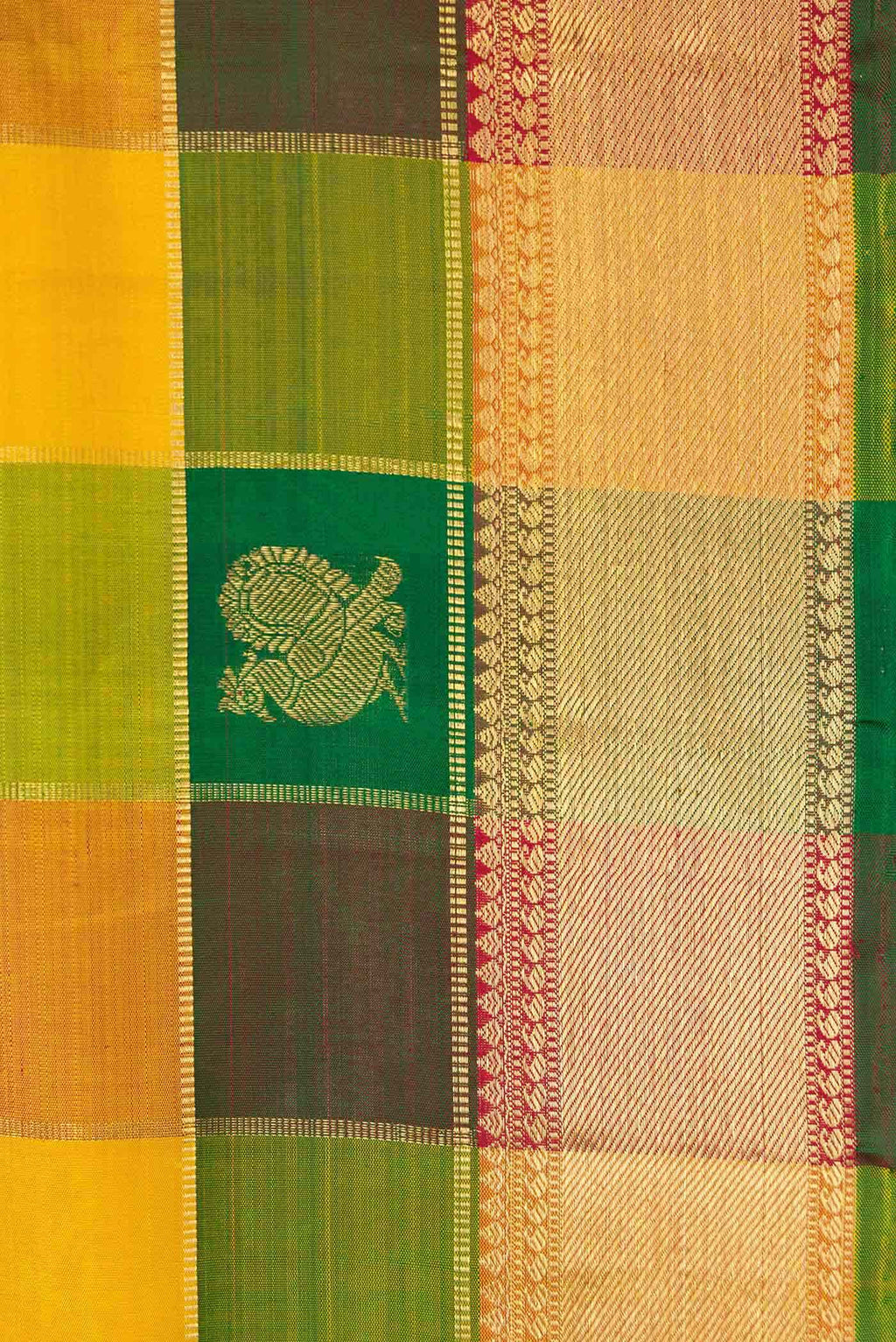 Pure Silk Pure Zari Green Maroon and Mustard Dual Tone Kanchipuram Nine Yards Saree