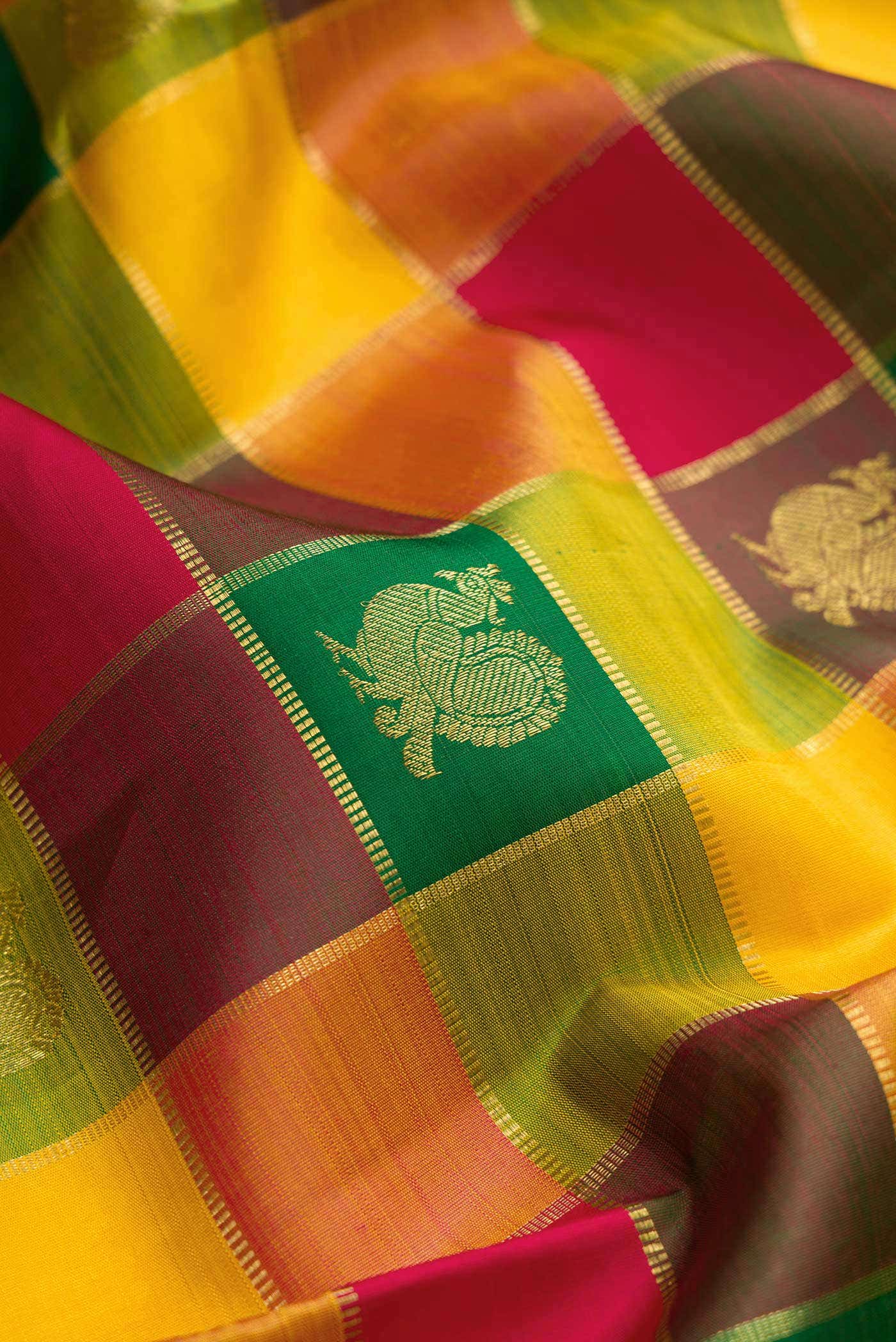 Pure Silk Pure Zari Green Maroon and Mustard Dual Tone Kanchipuram Nine Yards Saree