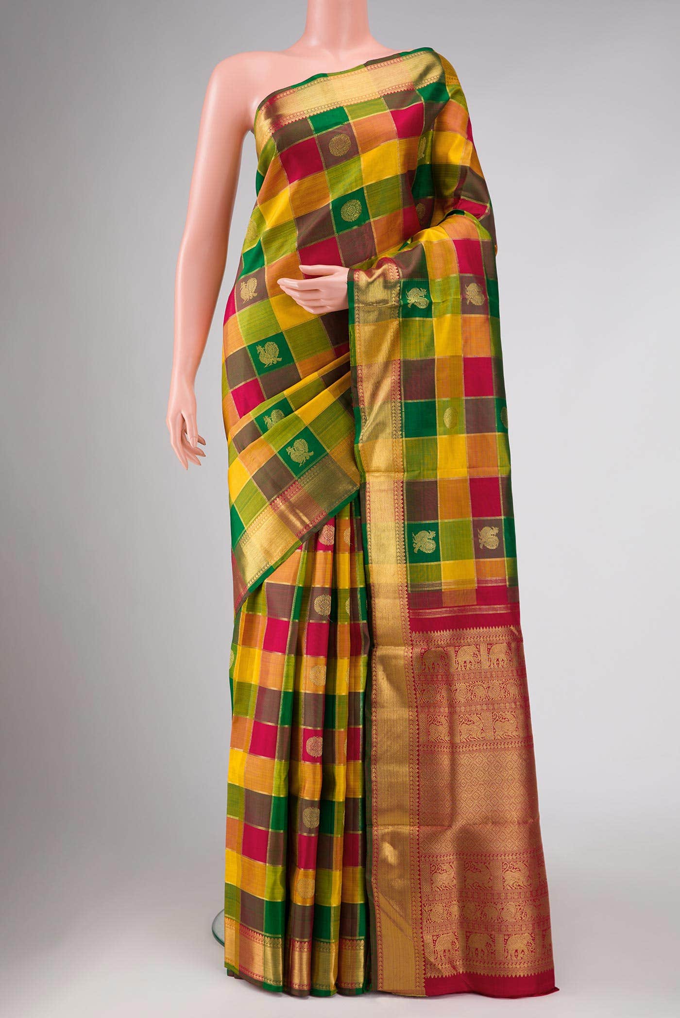 Pure Silk Pure Zari Green Maroon and Mustard Dual Tone Kanchipuram Nine Yards Saree