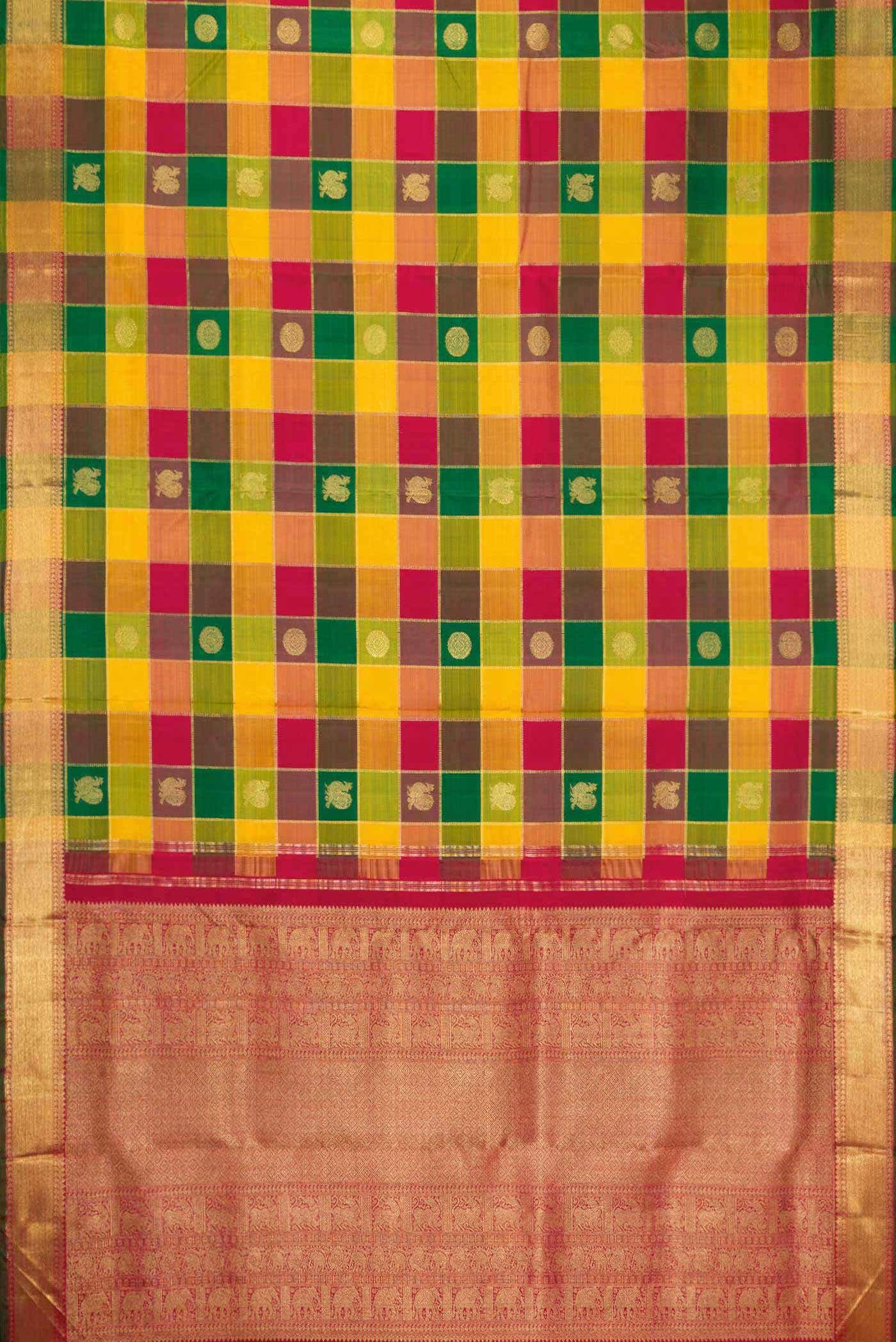 Pure Silk Pure Zari Green Maroon and Mustard Dual Tone Kanchipuram Nine Yards Saree