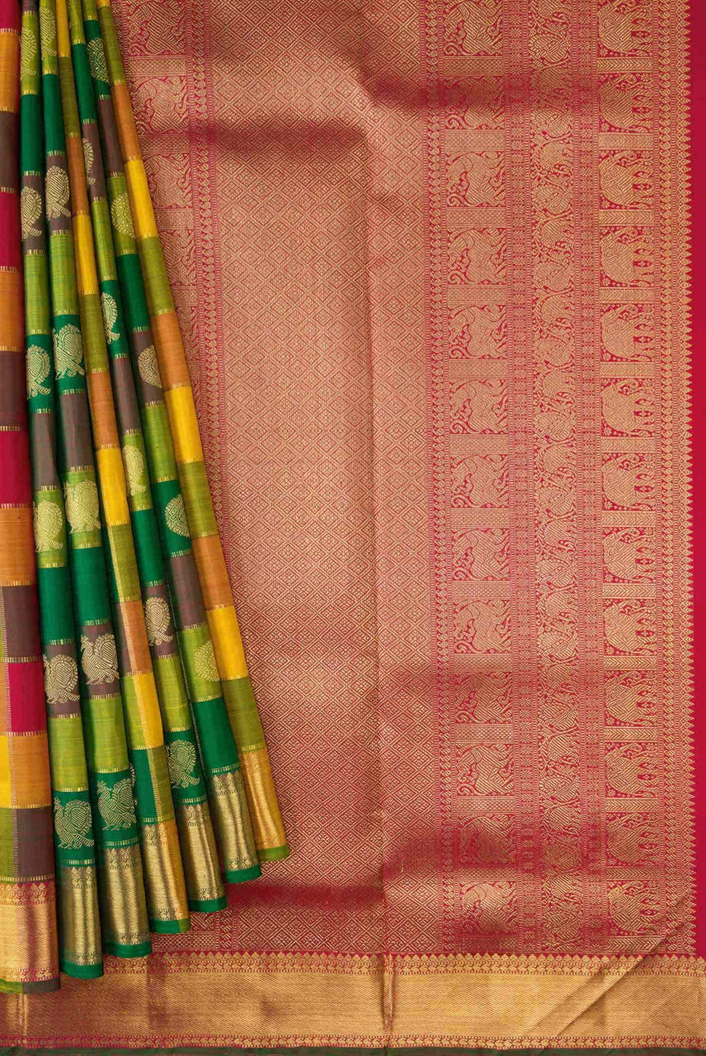 Pure Silk Pure Zari Green Maroon and Mustard Dual Tone Kanchipuram Nine Yards Saree