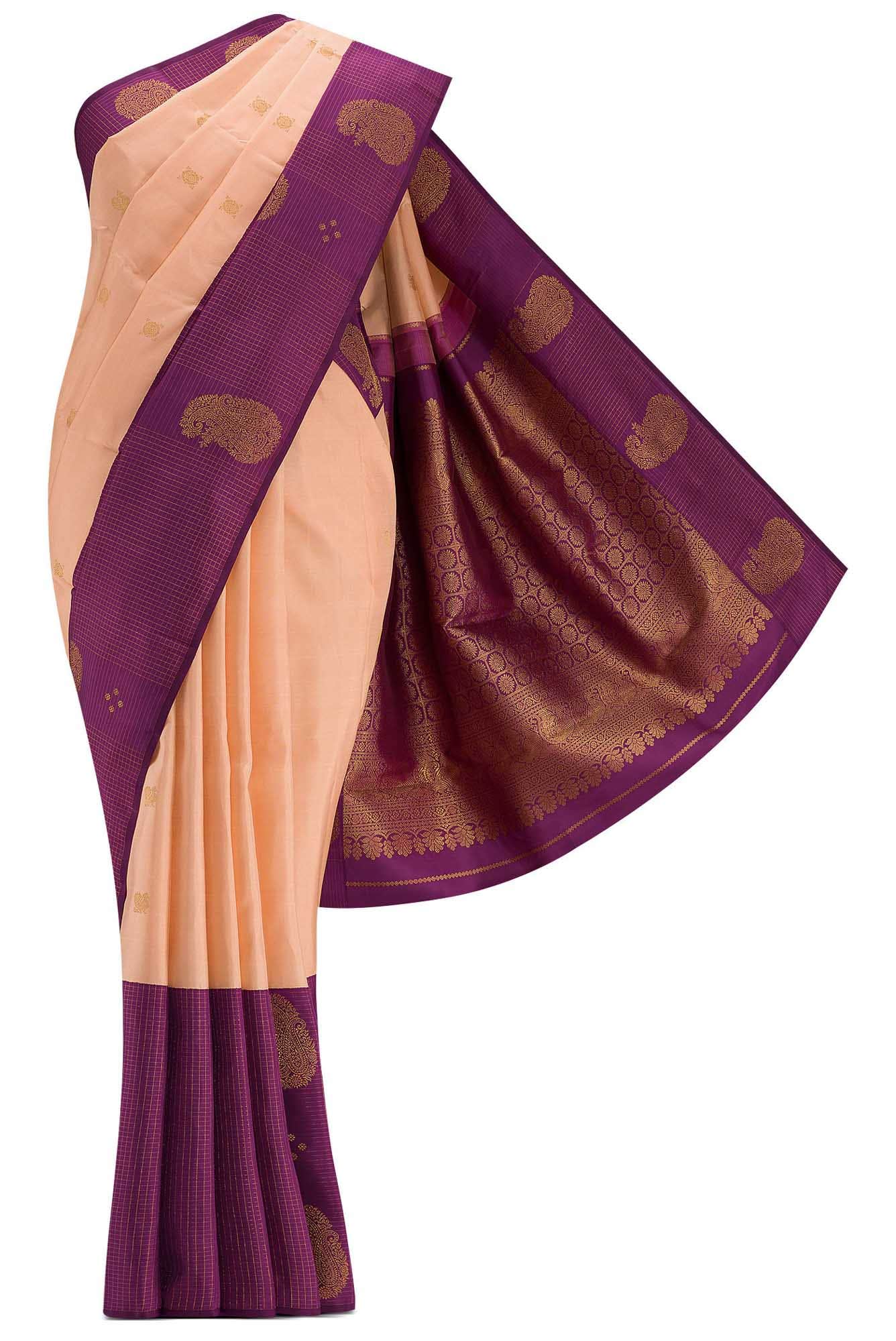 Pure Silk Pure Zari Peach Dual Tone Kanchipuram Saree