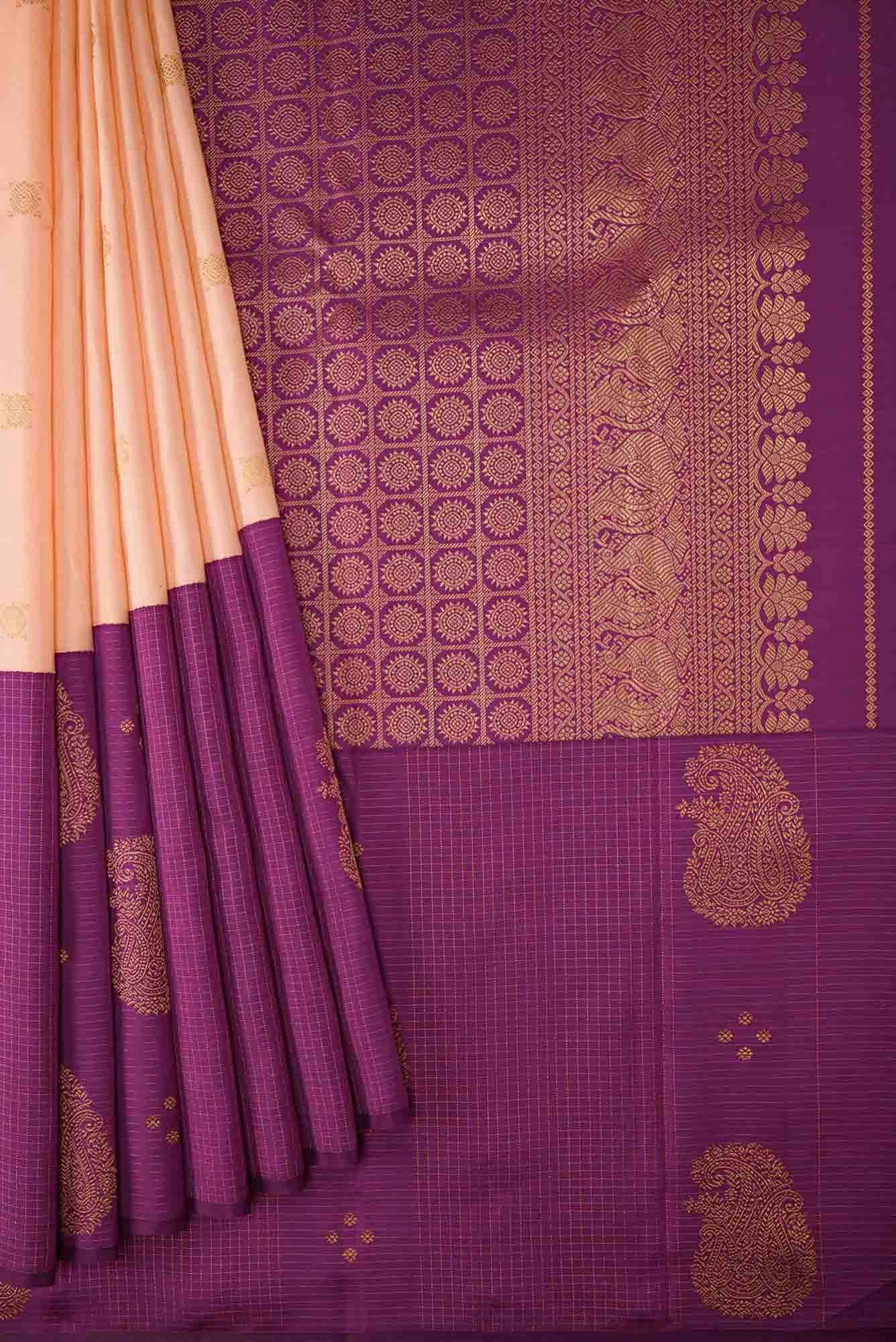 Pure Silk Pure Zari Peach Dual Tone Kanchipuram Saree