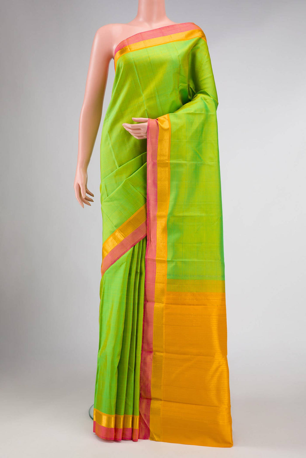 Pure Silk Pure Zari Parrot Green Dual Tone Kanchipuram Saree