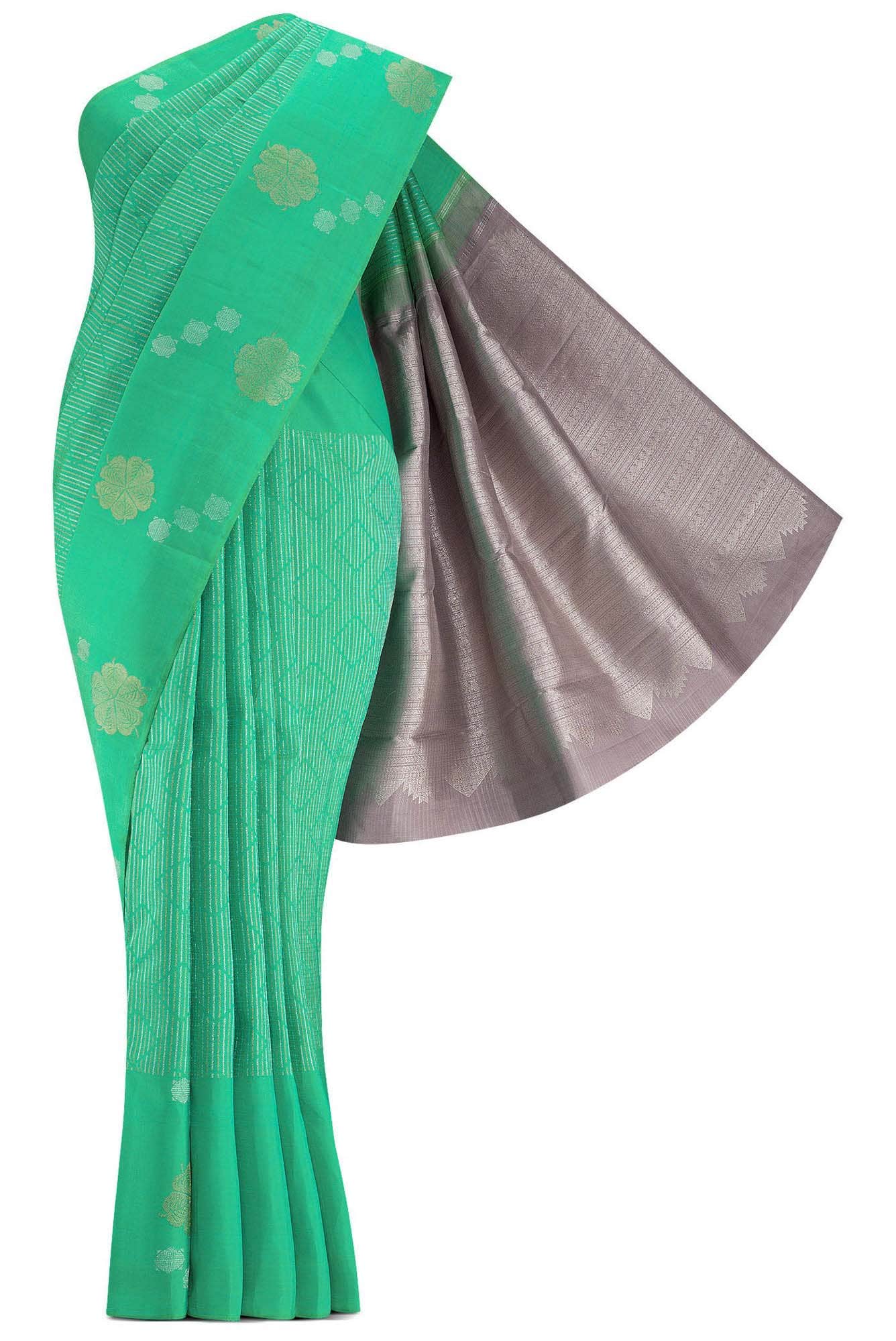 Pure Silk Pure Zari Sea Green Dual Tone Kanchipuram Saree