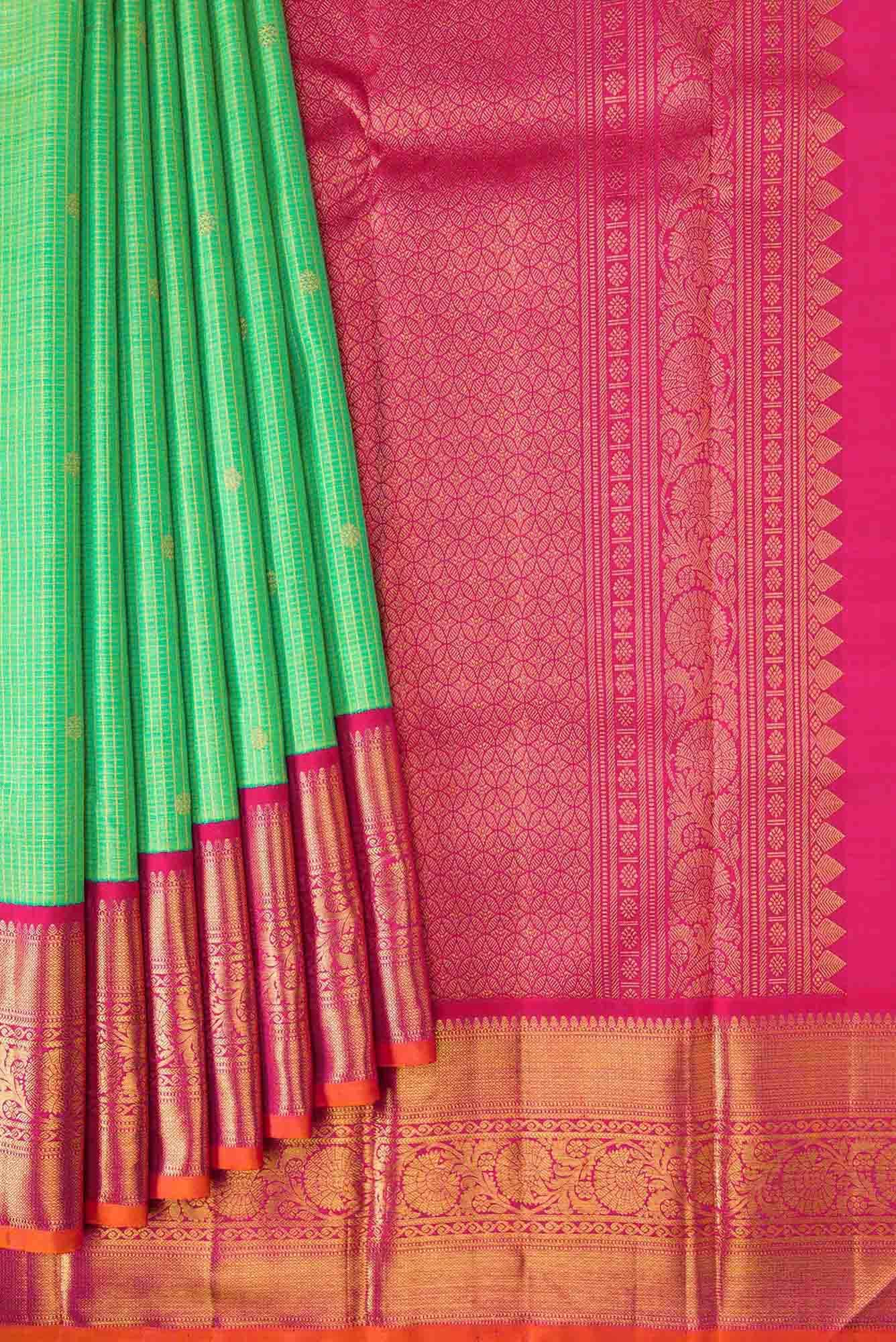 Pure Silk Pure Zari Parrot Green Dual Tone Kanchipuram Saree