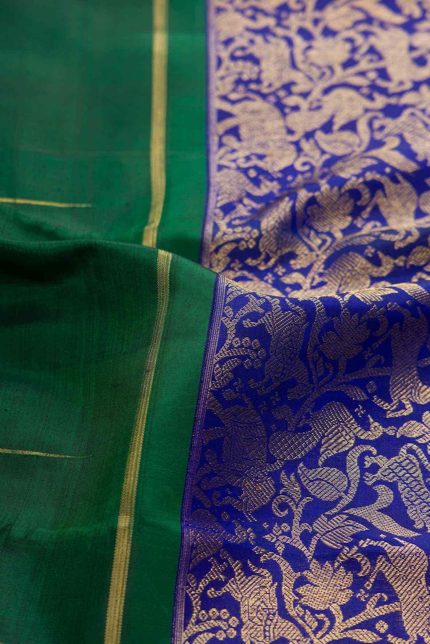 Pure Silk Pure Zari Royal Blue Green and Copper Dual Tone Kanchipuram Saree