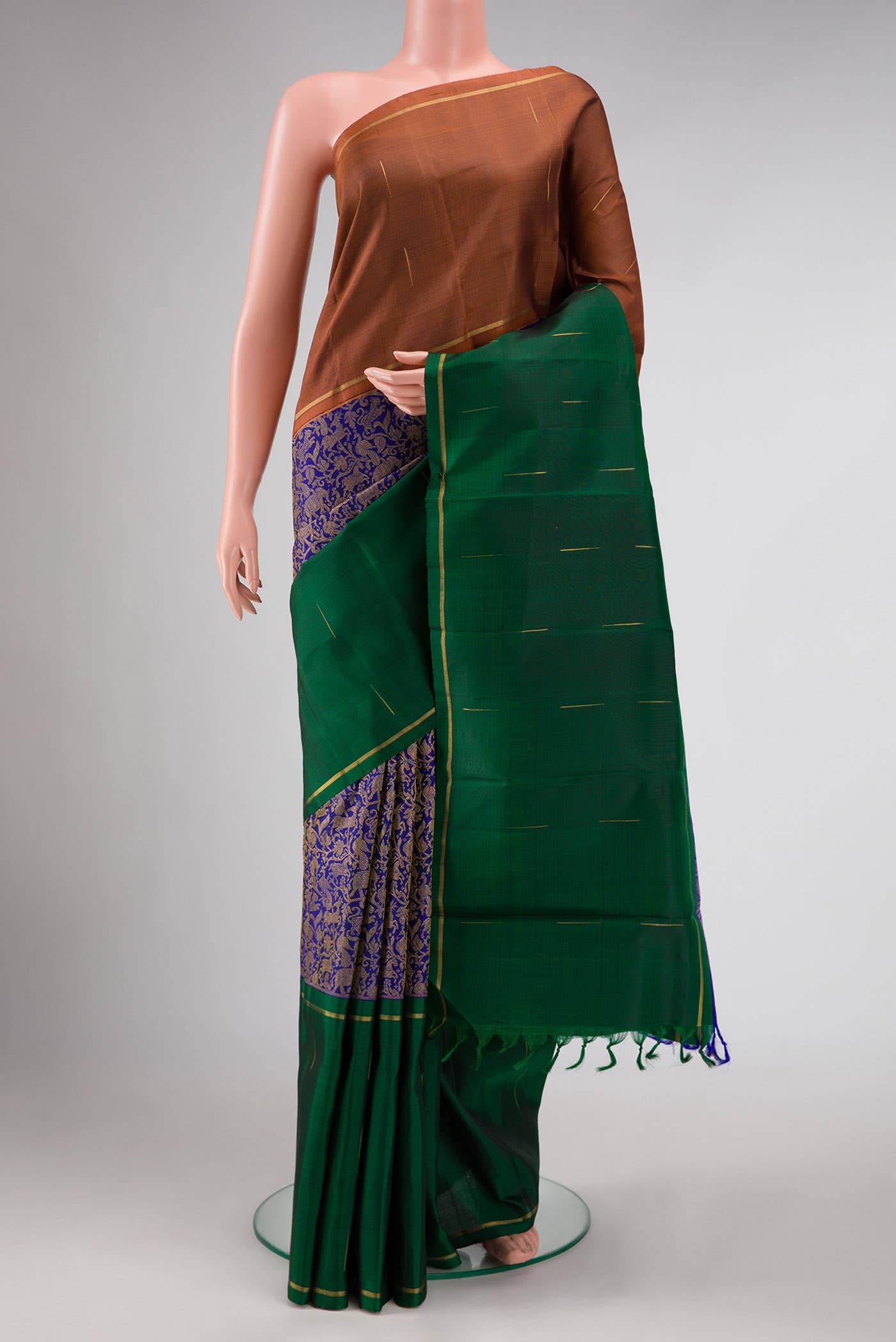 Pure Silk Pure Zari Royal Blue Green and Copper Dual Tone Kanchipuram Saree