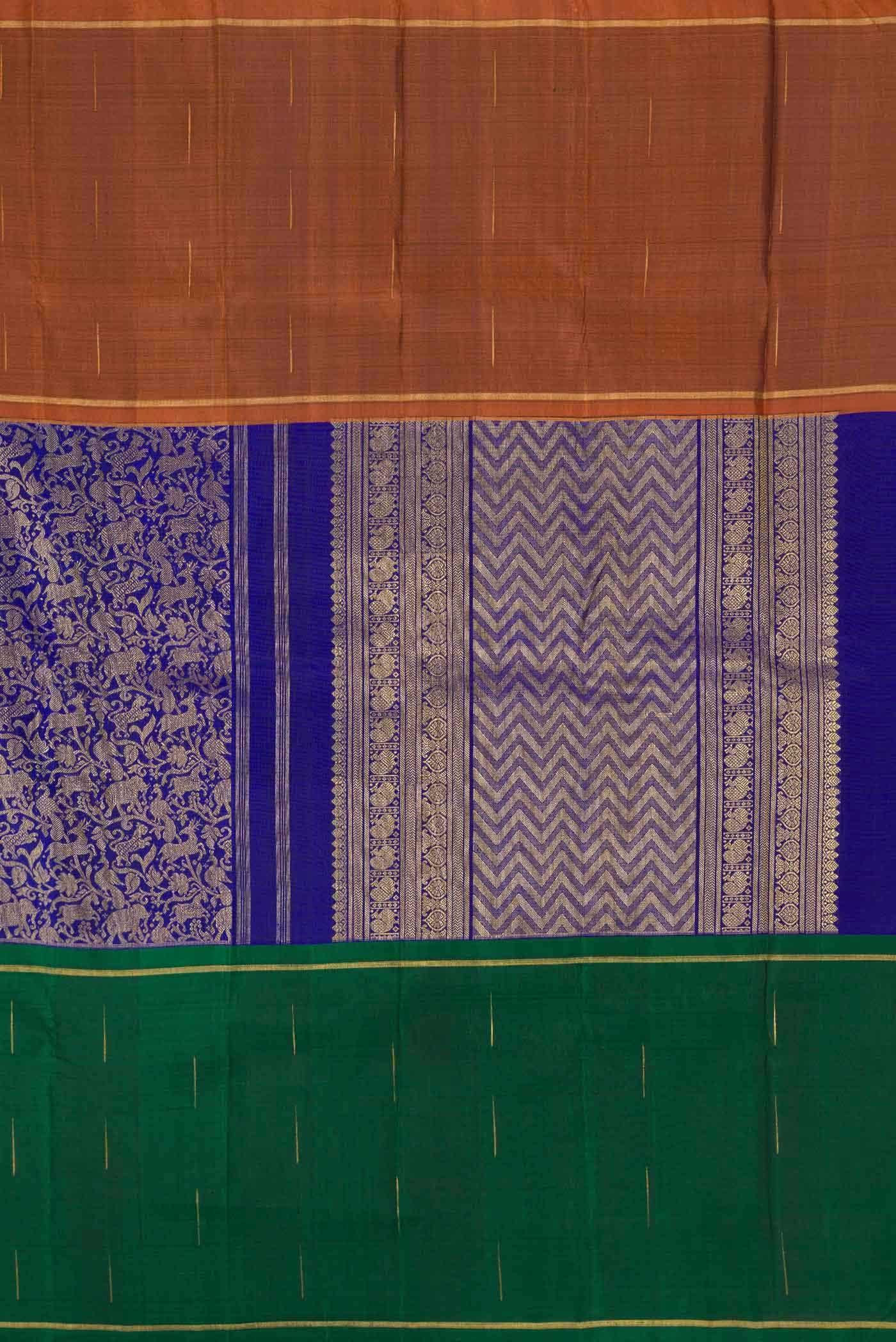Pure Silk Pure Zari Royal Blue Green and Copper Dual Tone Kanchipuram Saree
