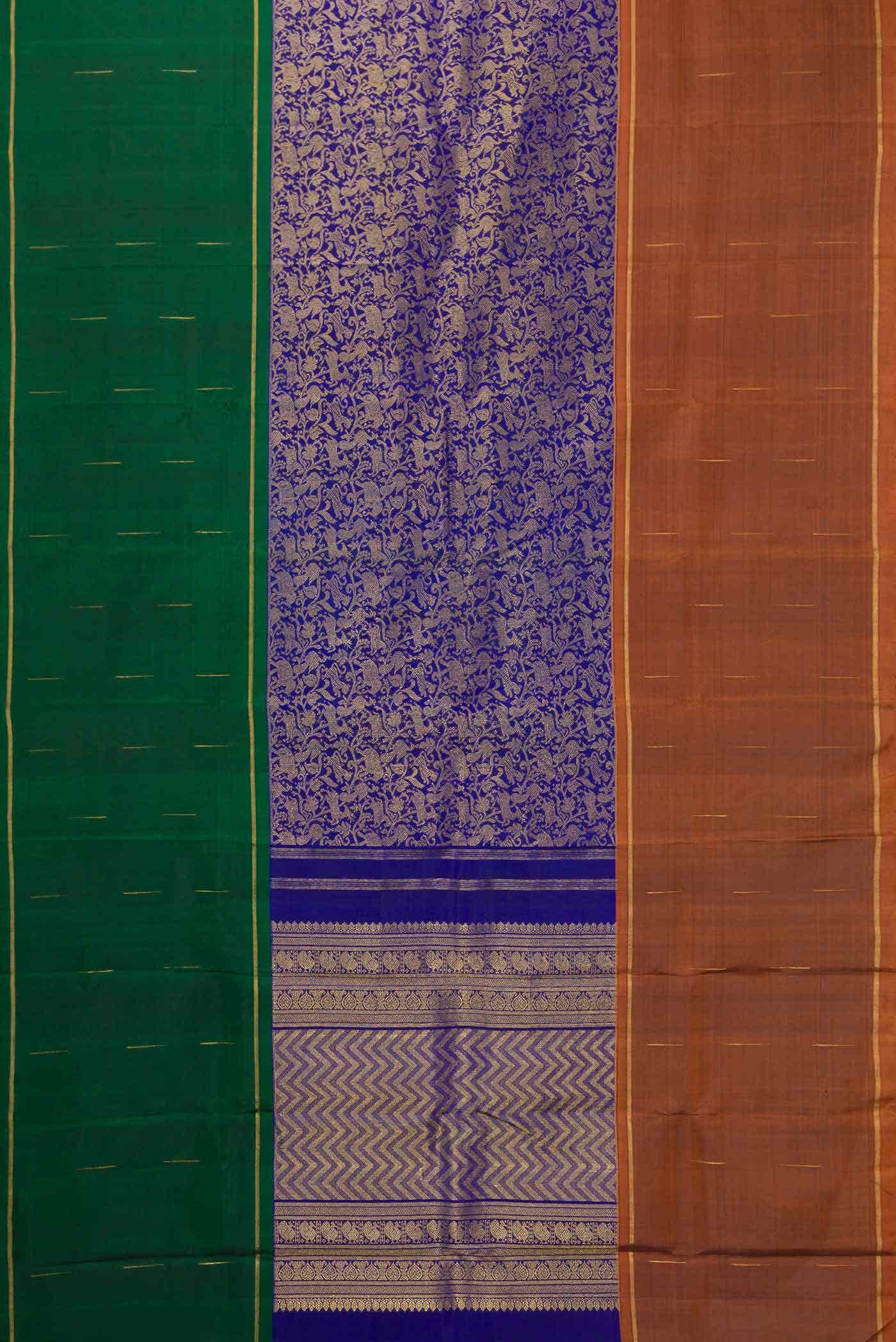 Pure Silk Pure Zari Royal Blue Green and Copper Dual Tone Kanchipuram Saree