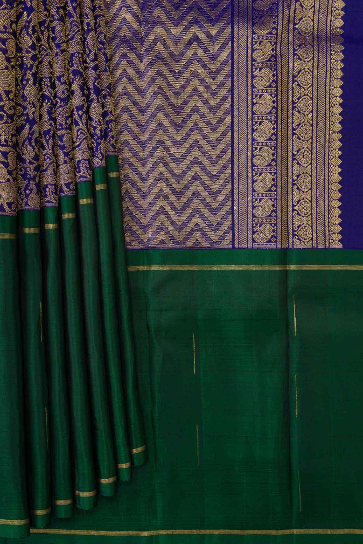 Pure Silk Pure Zari Royal Blue Green and Copper Dual Tone Kanchipuram Saree
