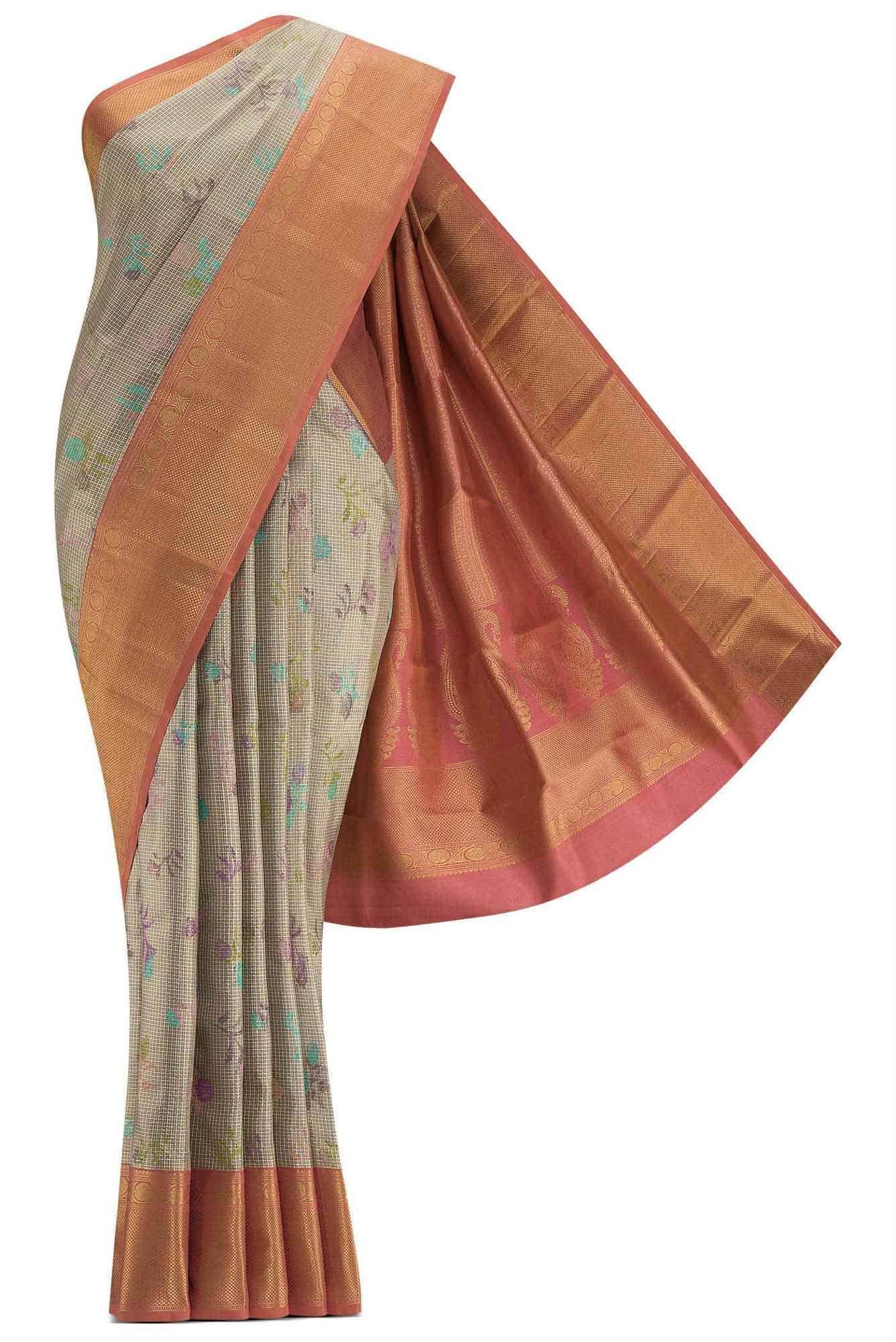 Pure Silk Pure Zari Gold and Silver Dual Tone Kanchipuram Tissue Saree