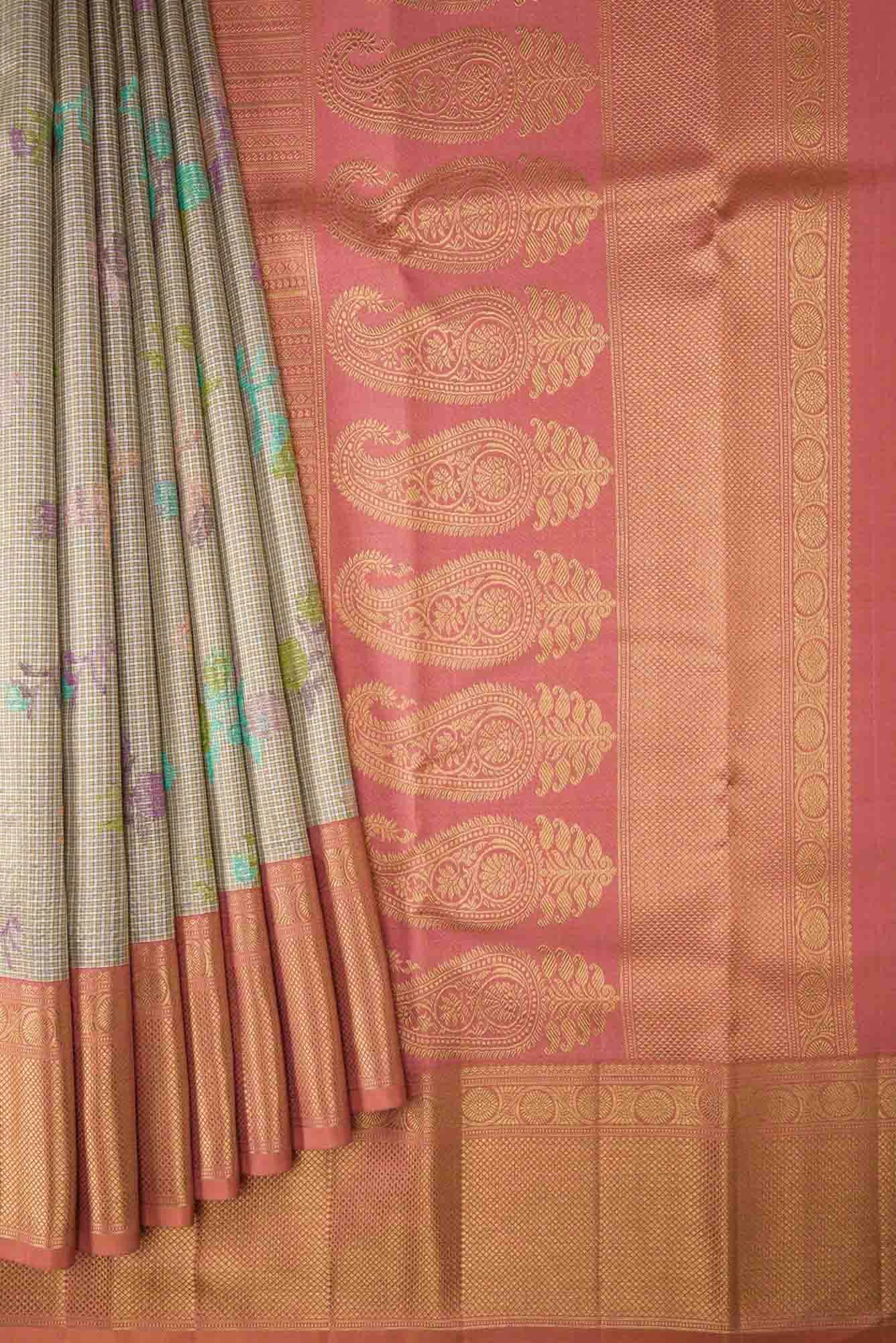 Pure Silk Pure Zari Gold and Silver Dual Tone Kanchipuram Tissue Saree