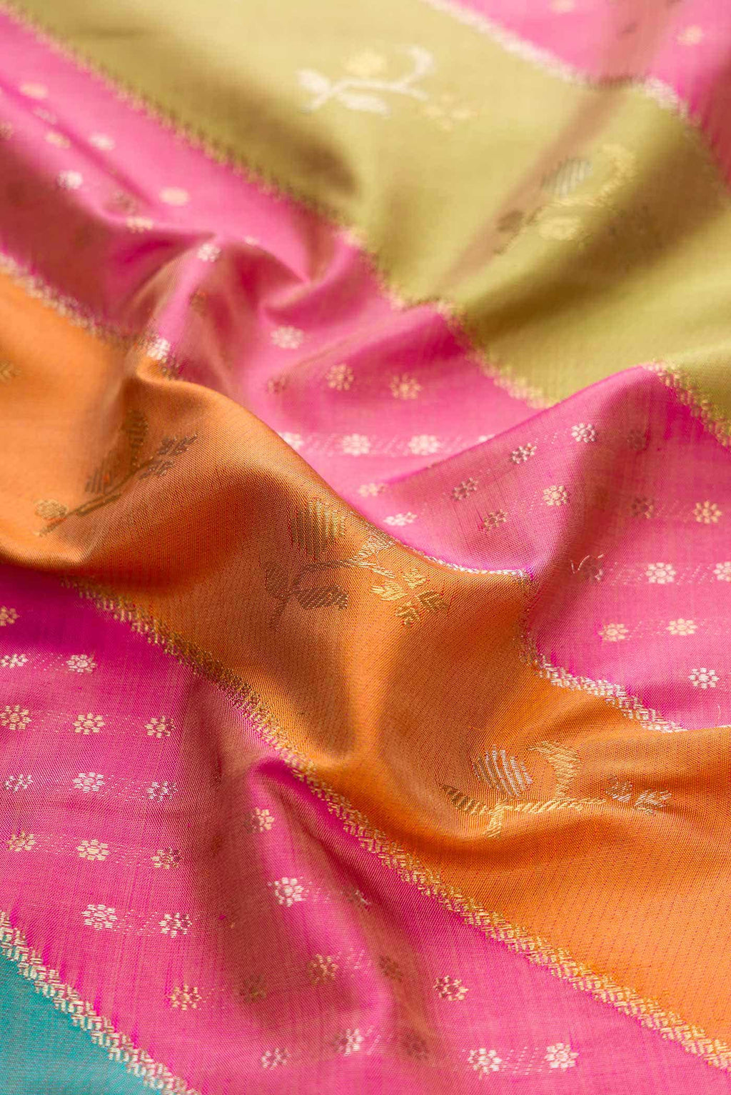 Pure Silk Pure Zari Pink Sky Blue and Green Dual Tone Kanchipuram Saree