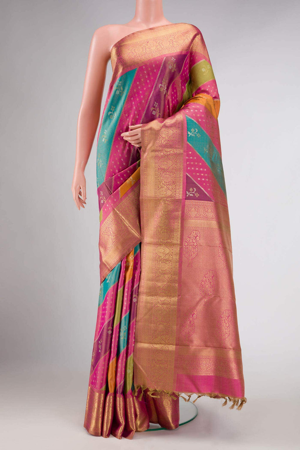 Pure Silk Pure Zari Pink Sky Blue and Green Dual Tone Kanchipuram Saree