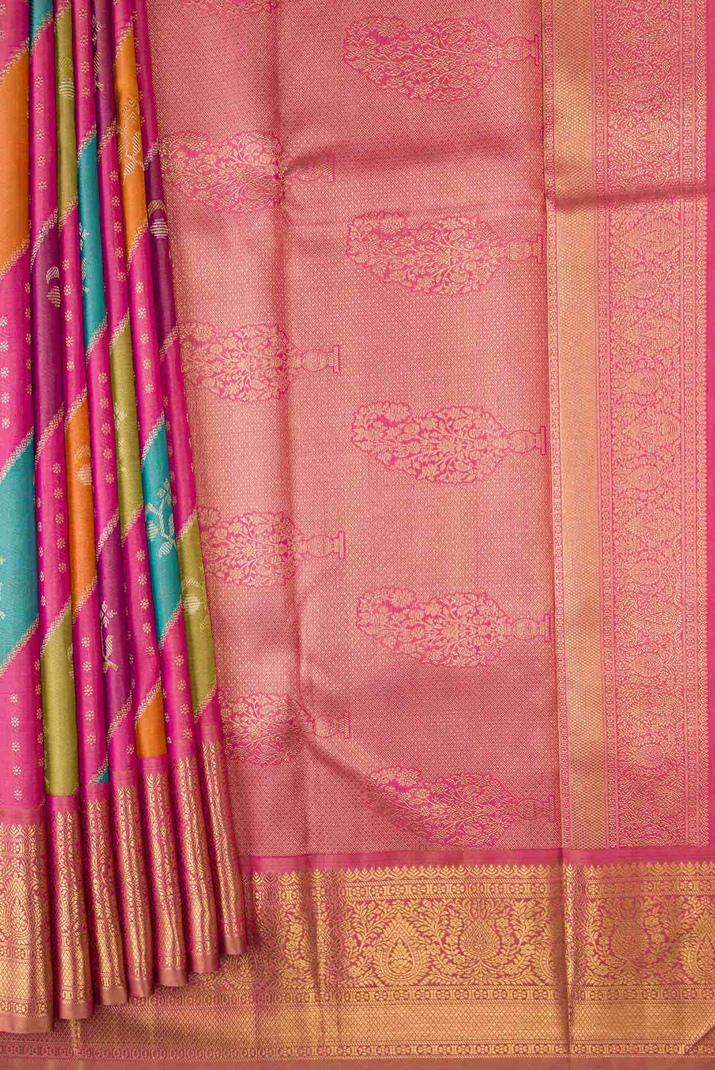 Pure Silk Pure Zari Pink Sky Blue and Green Dual Tone Kanchipuram Saree