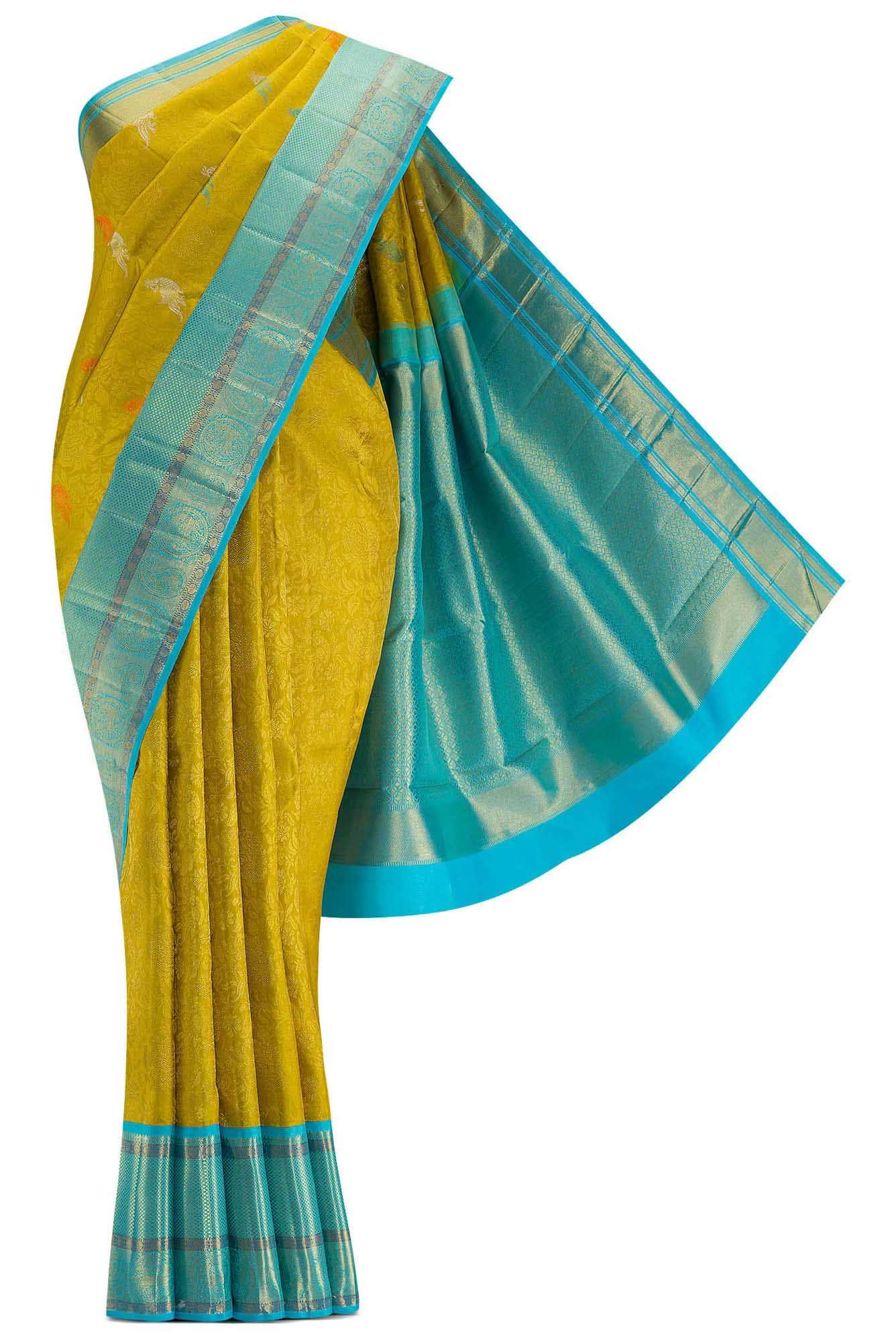 Pure Silk Pure Zari Lemon Yellow Dual Tone Kanchipuram Saree