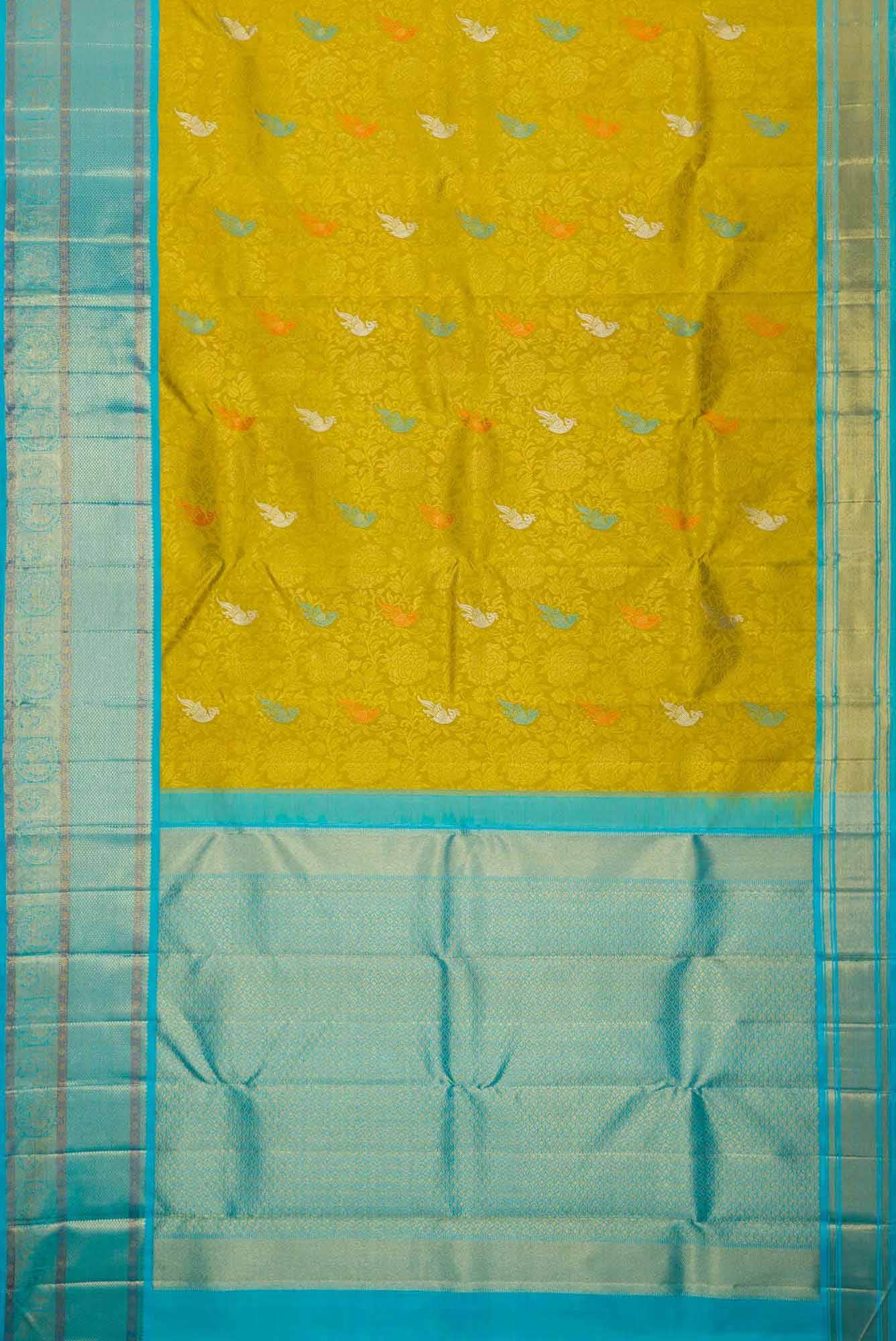 Pure Silk Pure Zari Lemon Yellow Dual Tone Kanchipuram Saree