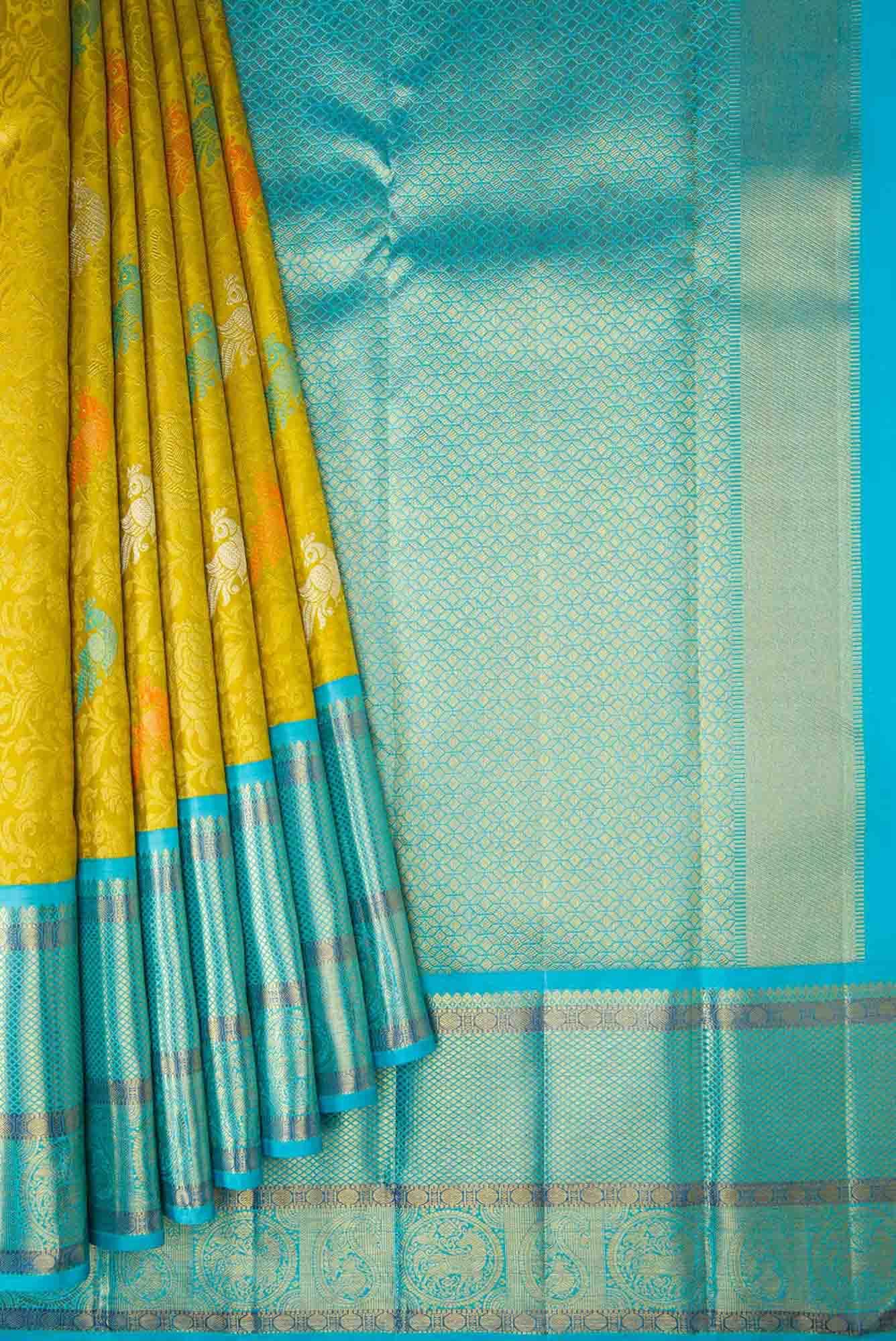 Pure Silk Pure Zari Lemon Yellow Dual Tone Kanjivaram Saree