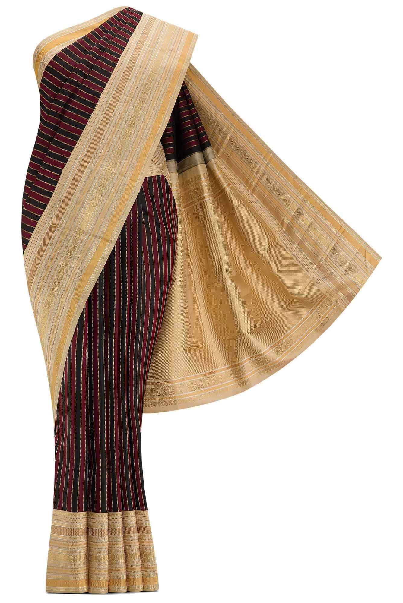 Pure Silk Pure Zari Black and Maroon Dual Tone Kanchipuram Saree